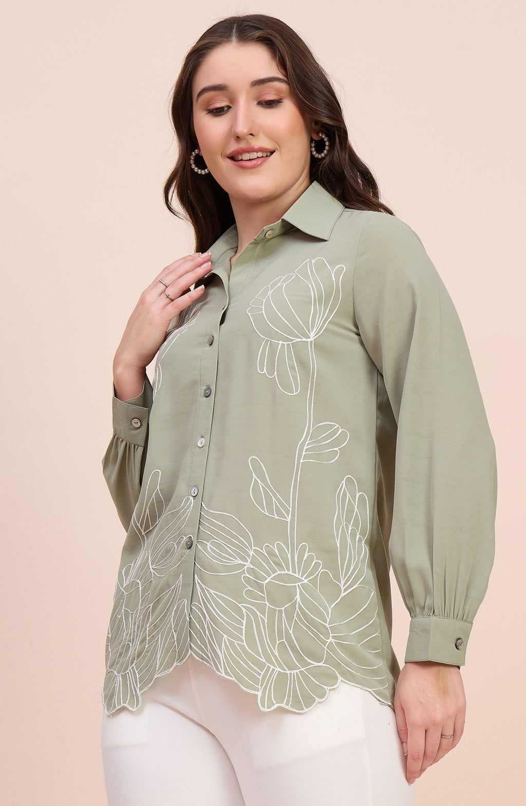 Light Sage Green Embroidered Shirt