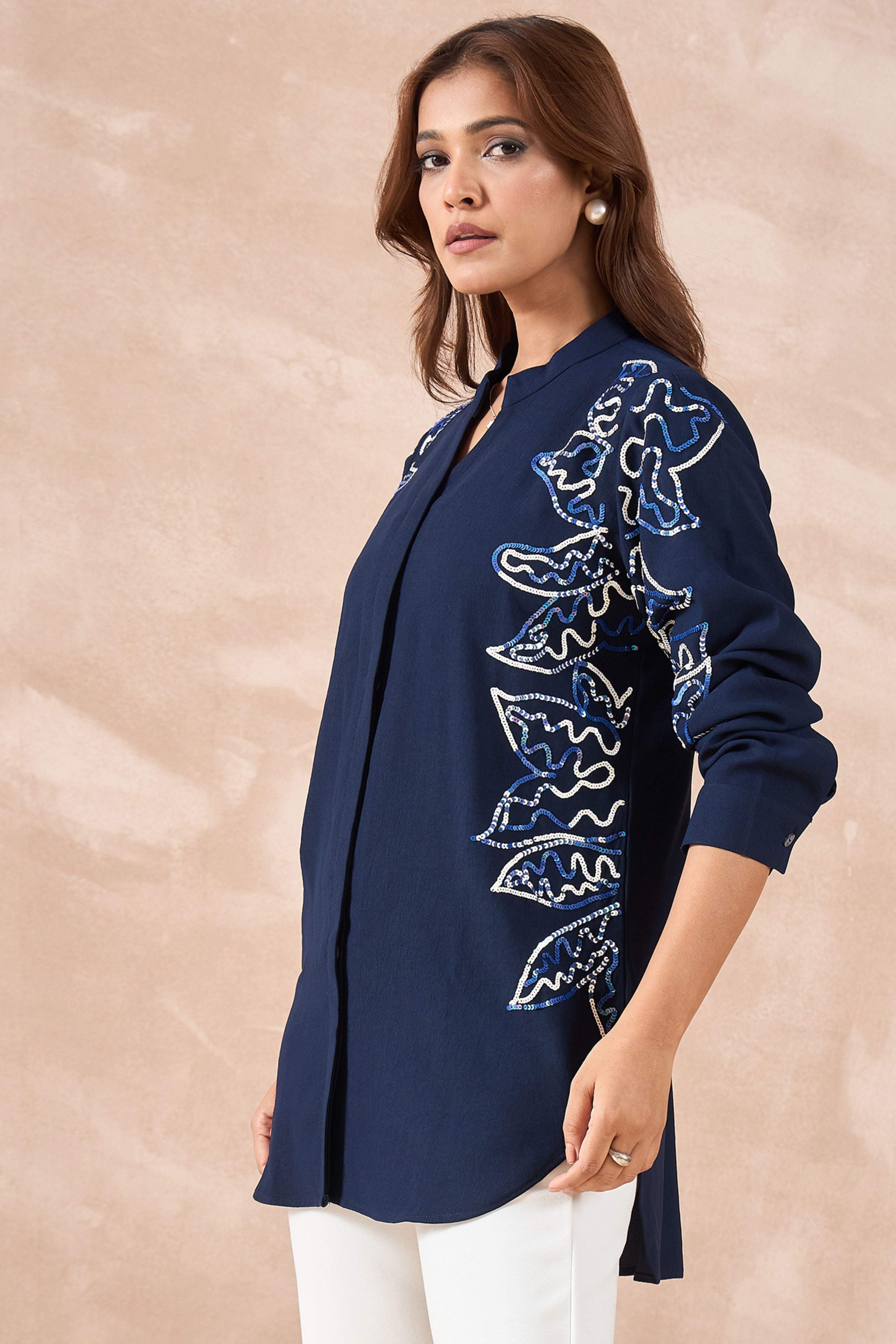 Navy Blue Abstract Embellished Shirt