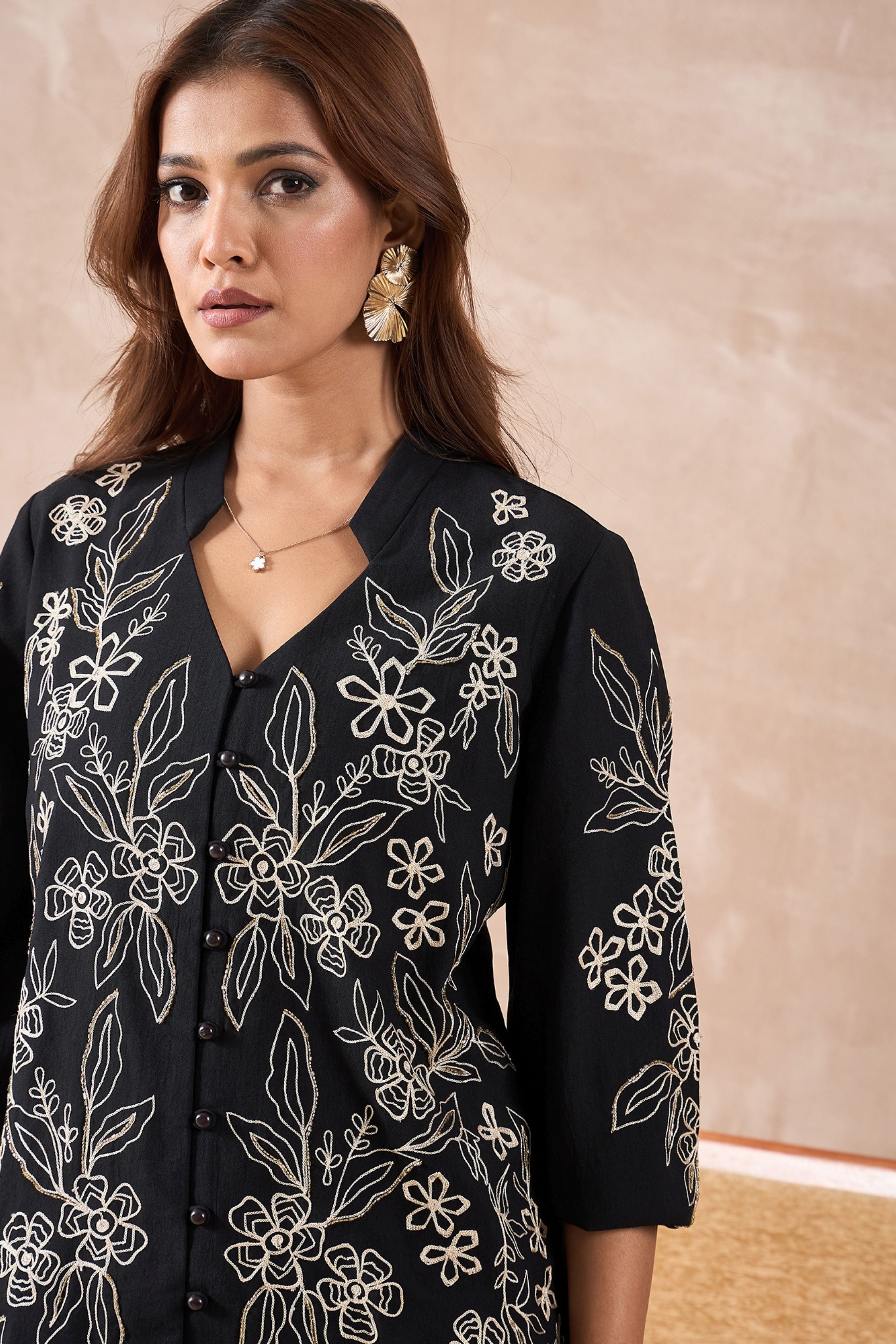 Black floral White embroidered Shirt