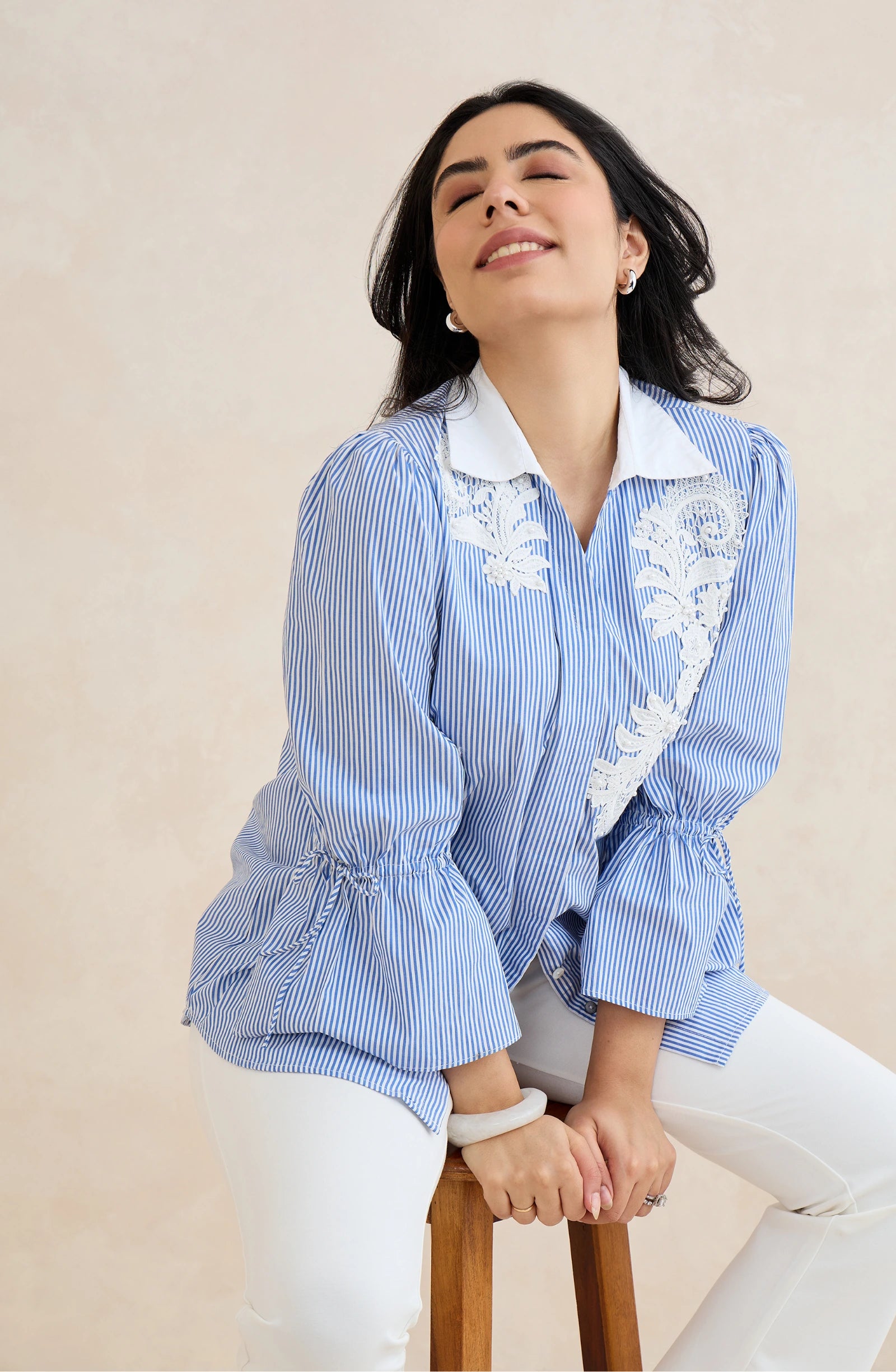 Sky Blue Stripe Floral Embroidered Shirt