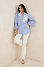 Sky Blue Stripe Floral Embroidered Shirt