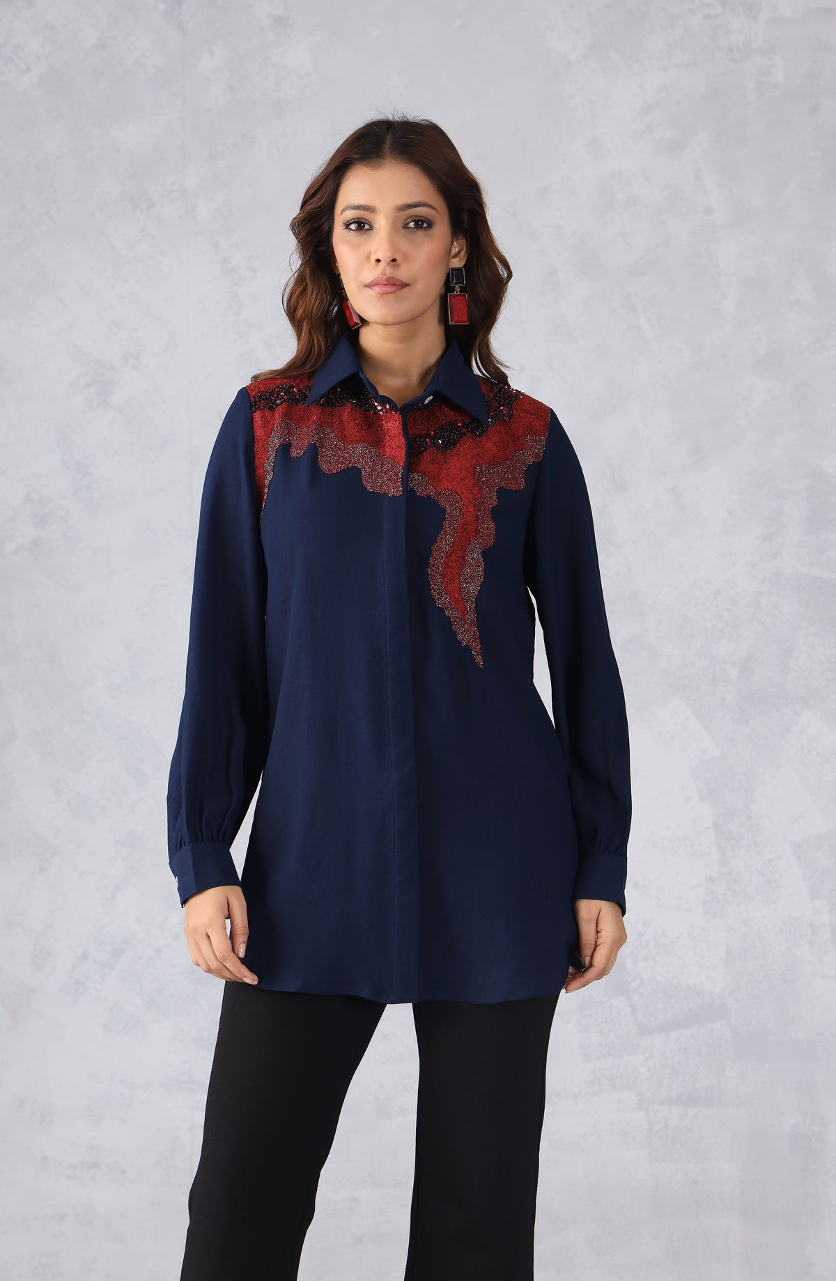 Navy Blue & Red Abstract Embellished Shirt