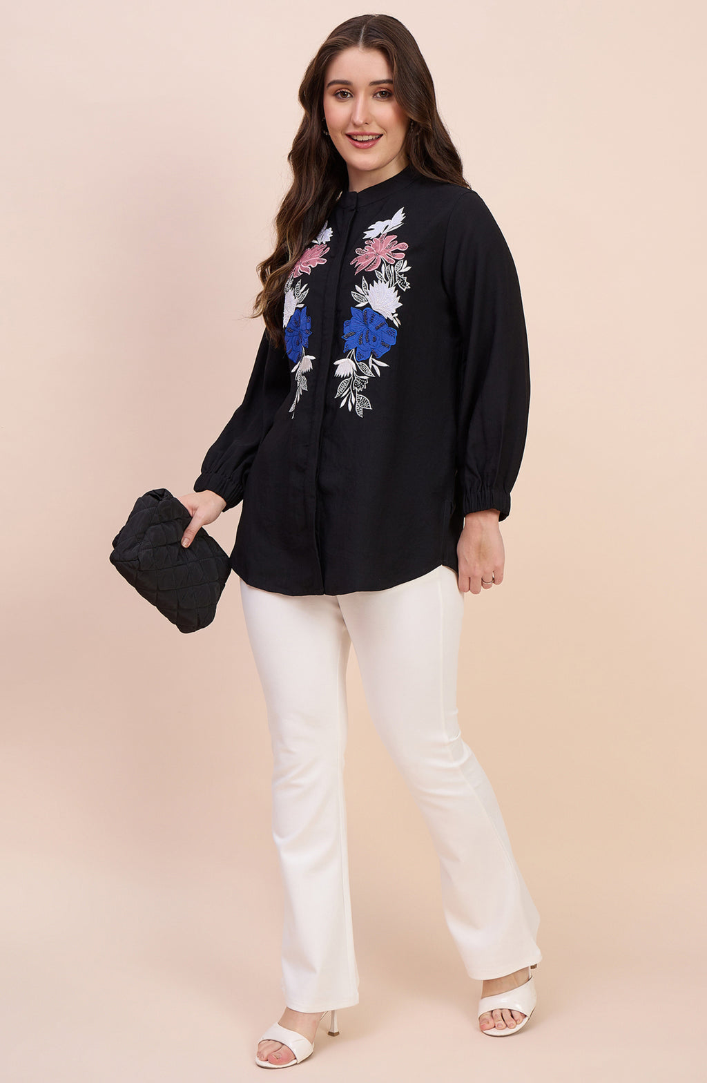 Black Shirt with Multicolour Floral Applique