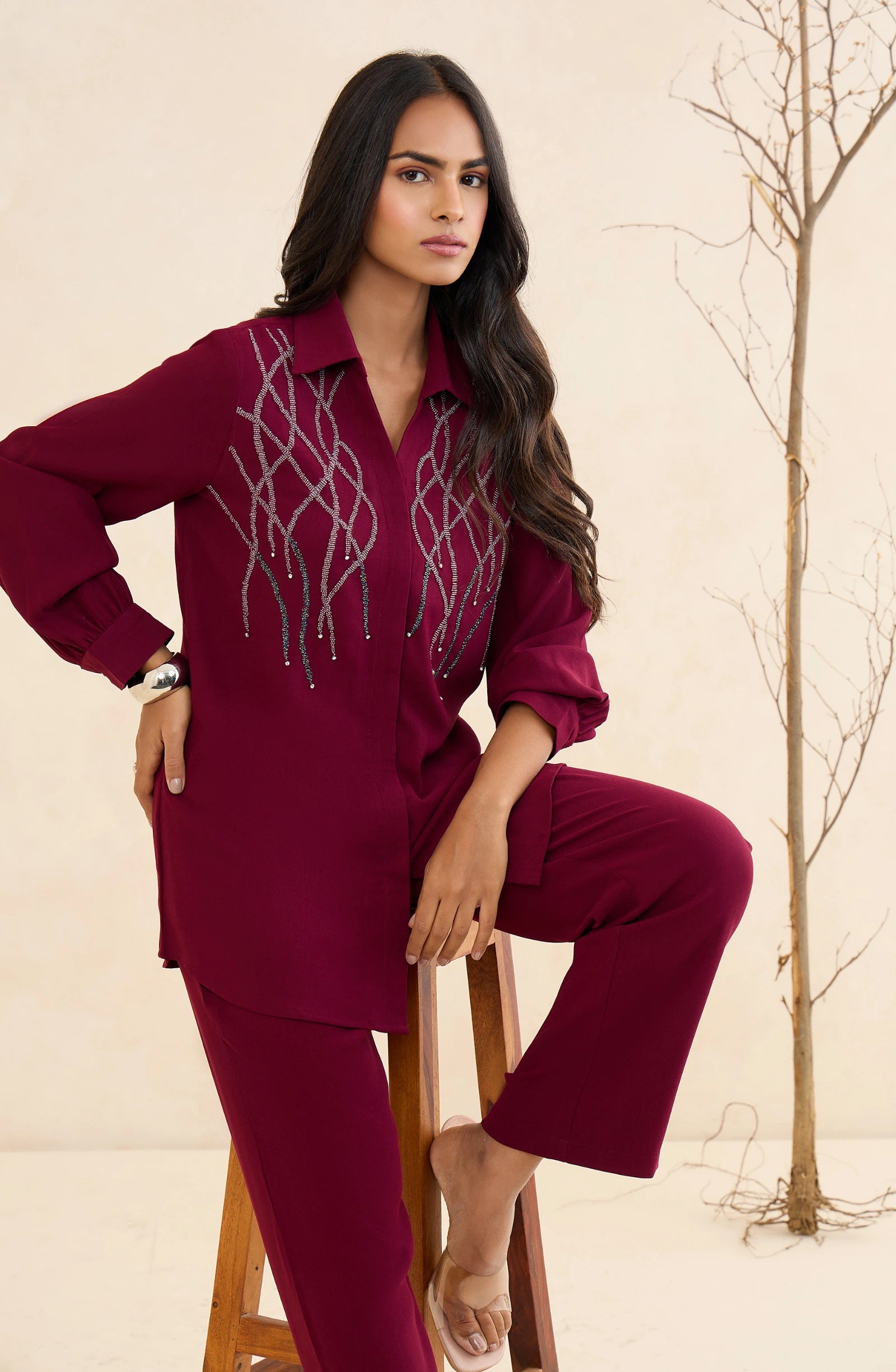 Wine Elegant Embellished Co-Ord Set