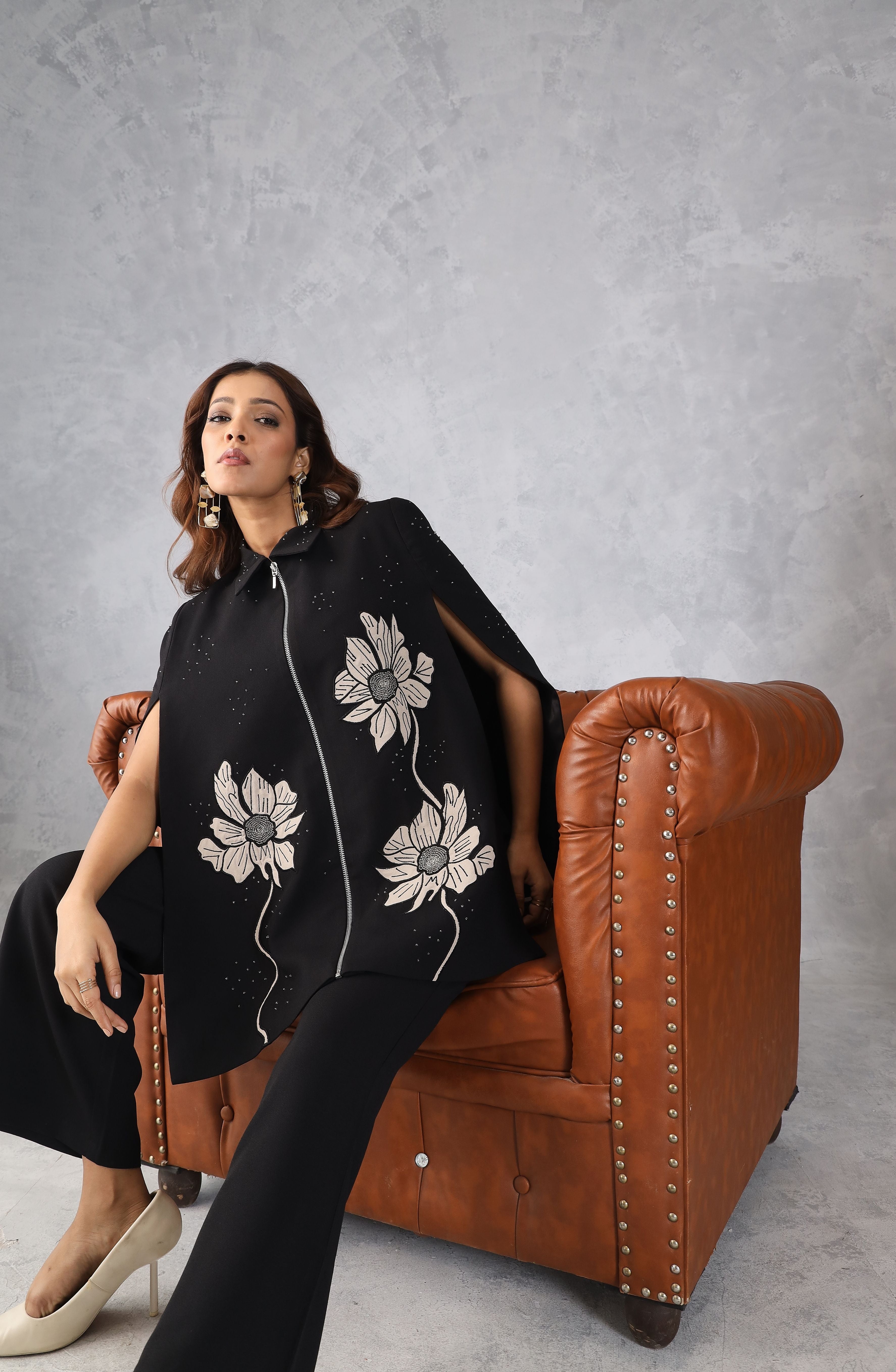 Black Embroidered Cape Style Co-Ord Set