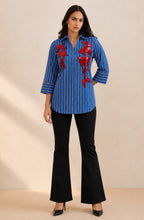 Royal Blue Red Embellished Striped Shirt