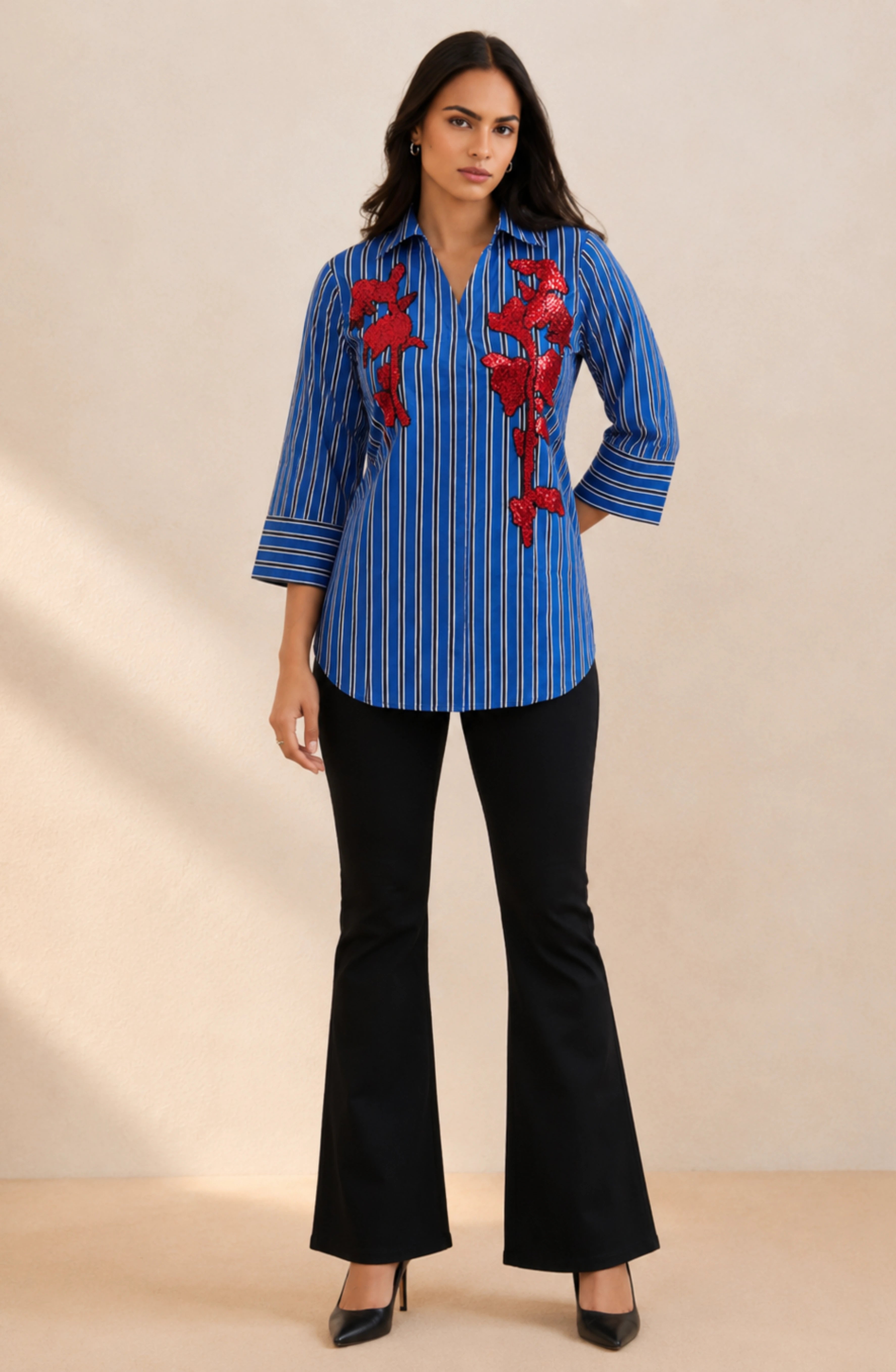 Royal Blue Red Embellished Striped Shirt
