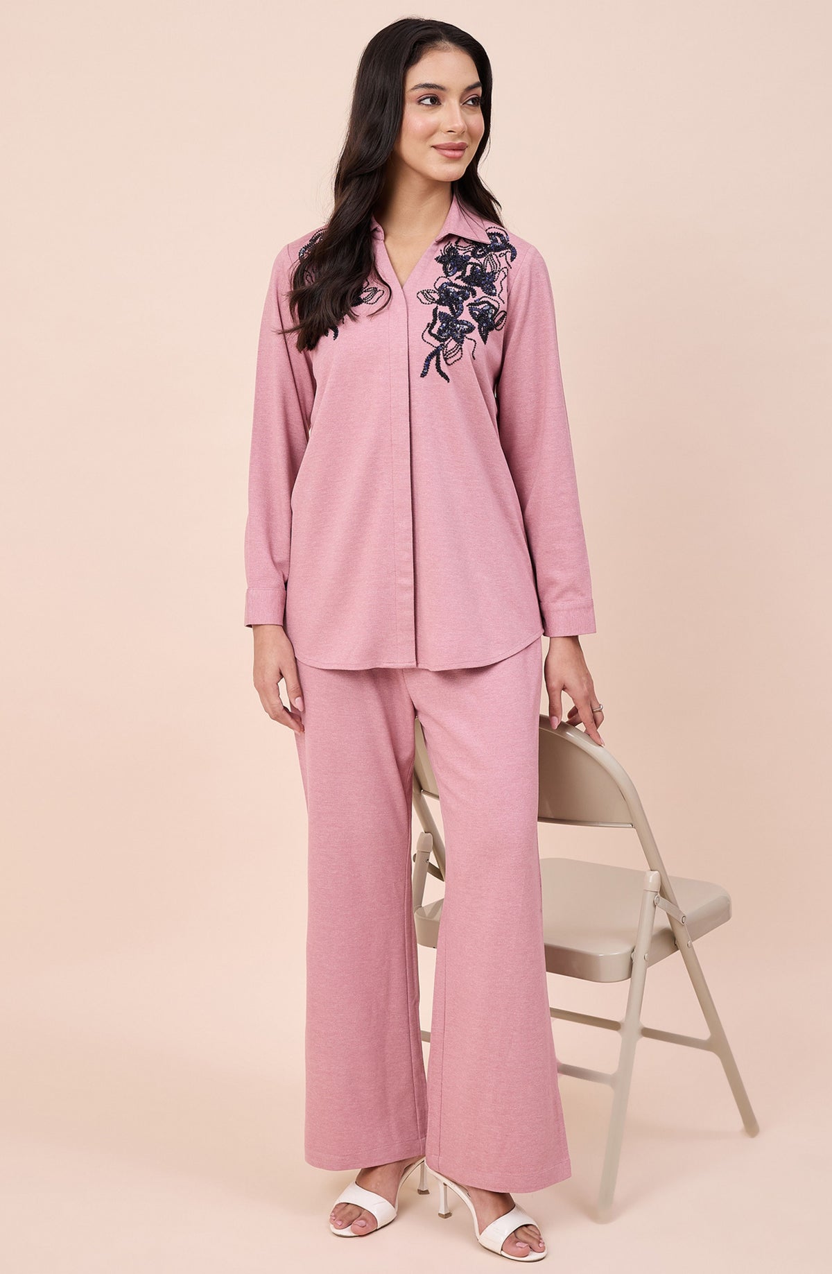Dusty Pink Winter Co-ord Set with Navy Sequin Floral Embroidery