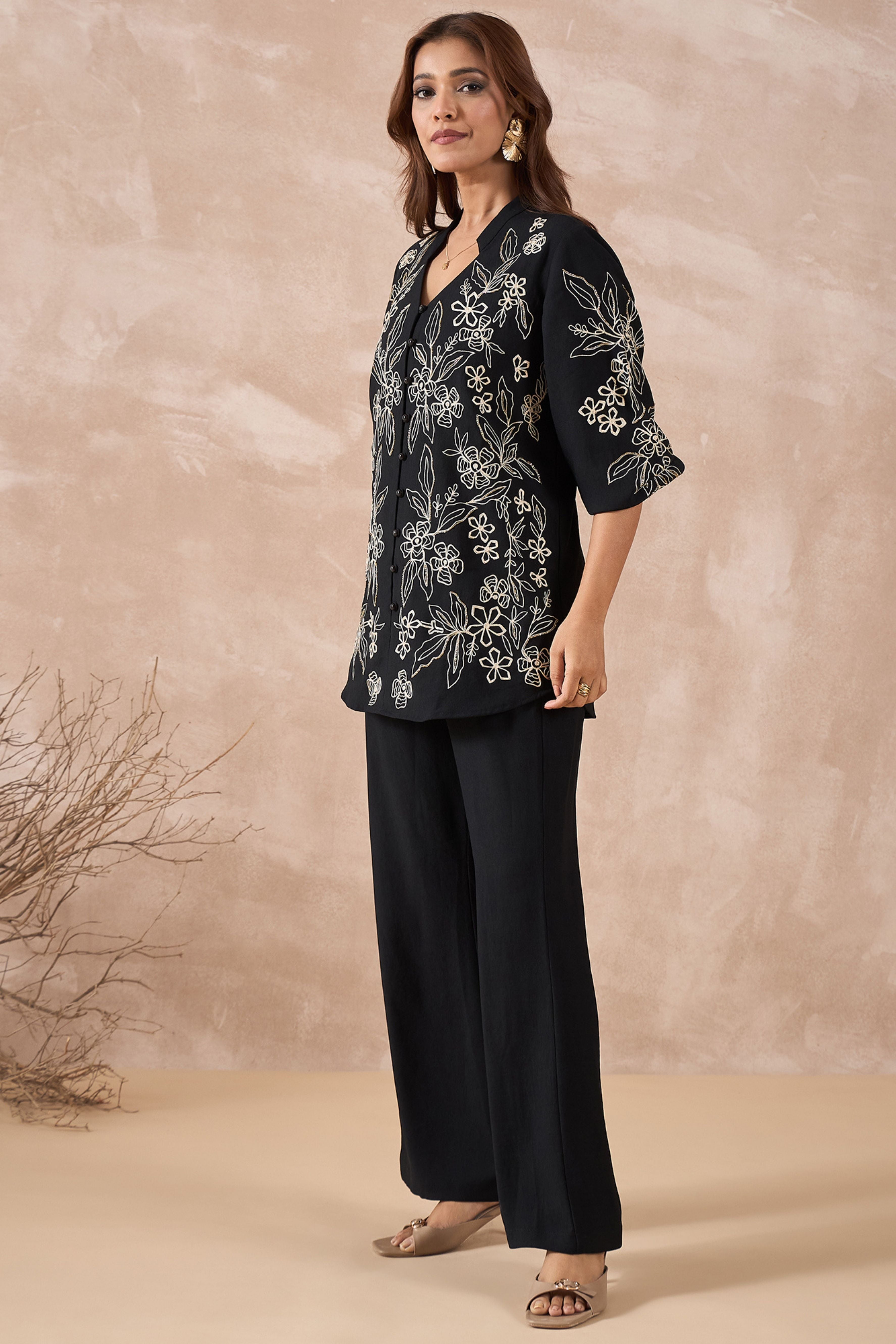 Black floral White embroidered Shirt