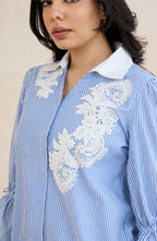 Sky Blue Stripe Floral Embroidered Shirt