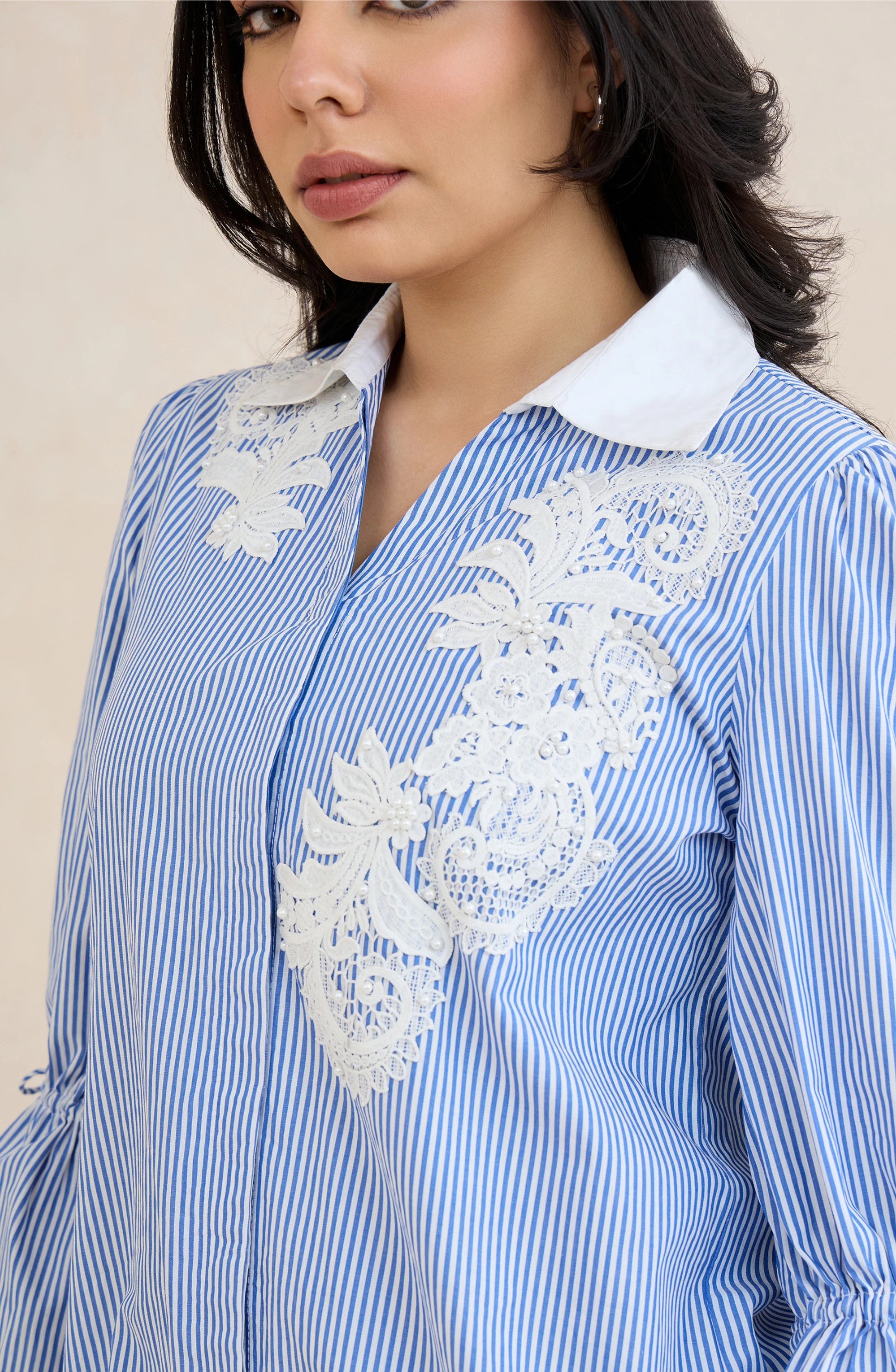 Sky Blue Stripe Floral Embroidered Shirt