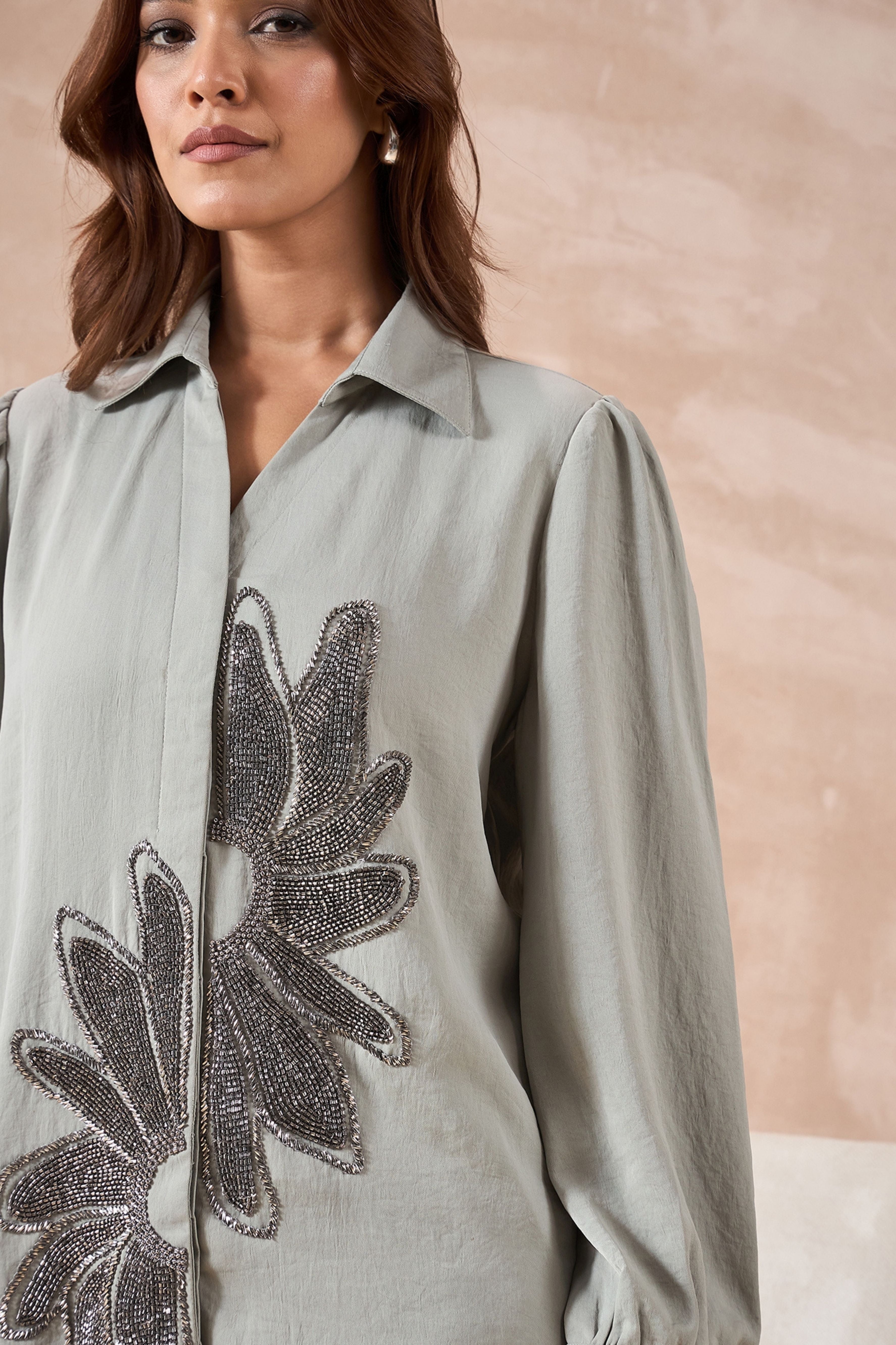 Grey Floral Embellished Shirt