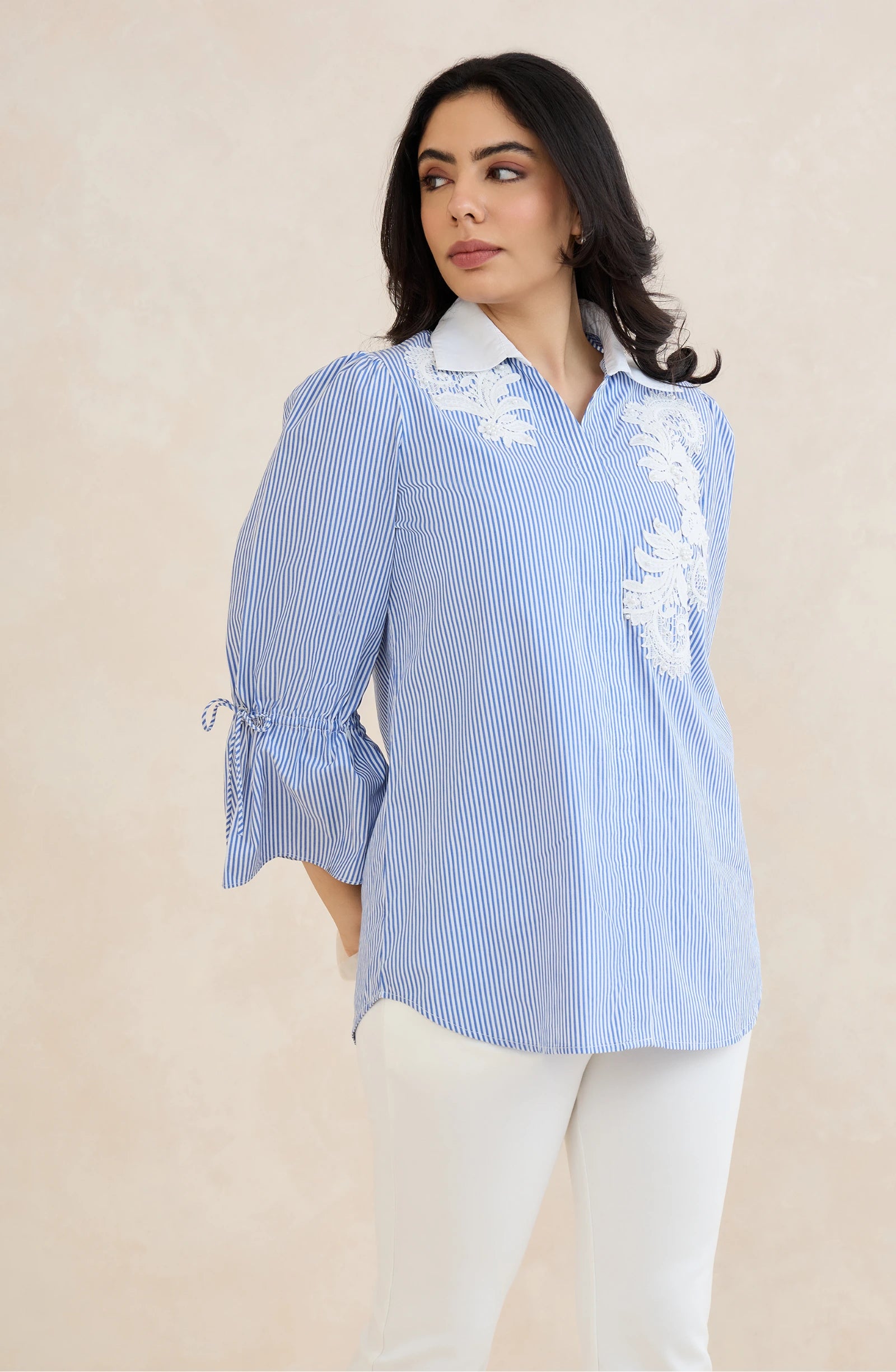 Sky Blue Stripe Floral Embroidered Shirt