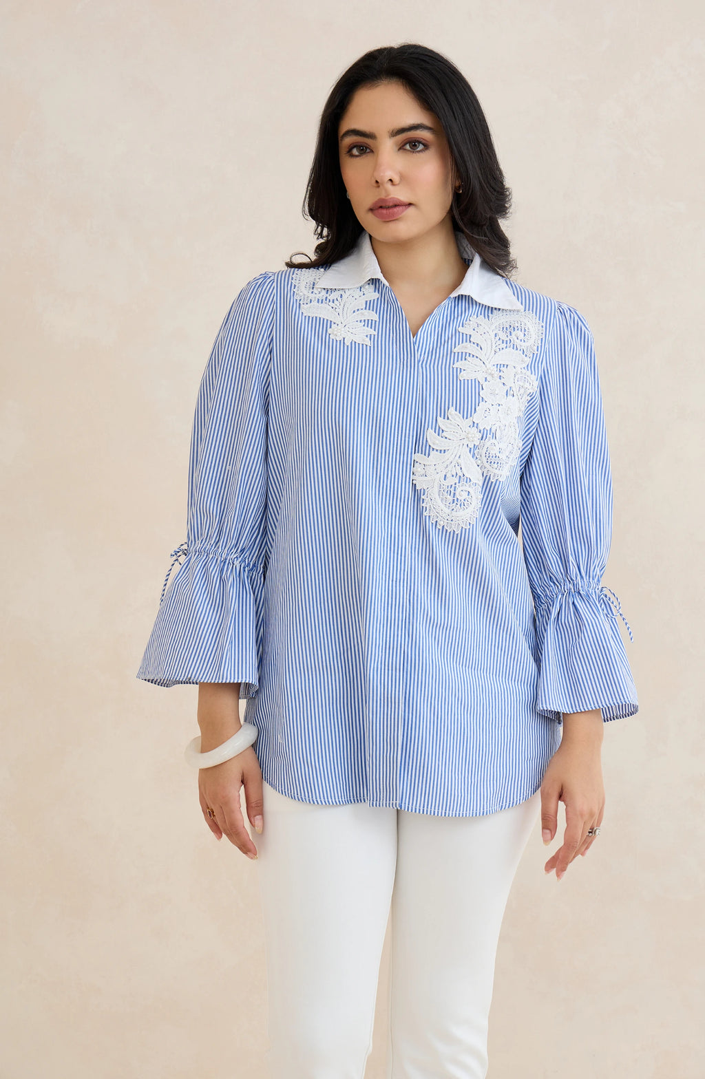 Sky Blue Stripe Floral Embroidered Shirt