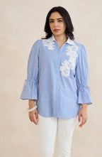 Sky Blue Stripe Floral Embroidered Shirt