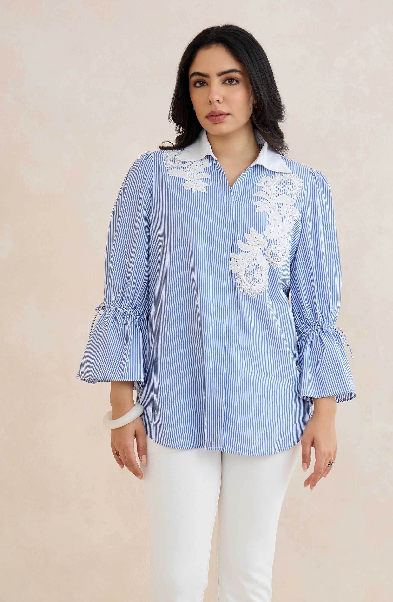 Sky Blue Stripe Floral Embroidered Shirt