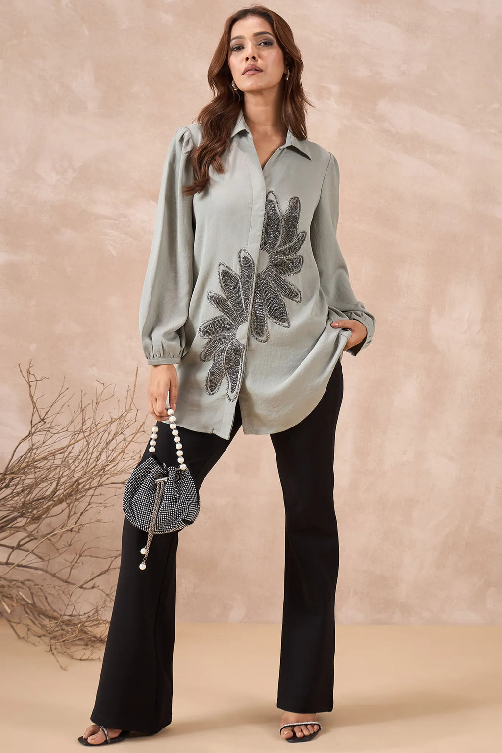 Grey Floral Embellished Shirt