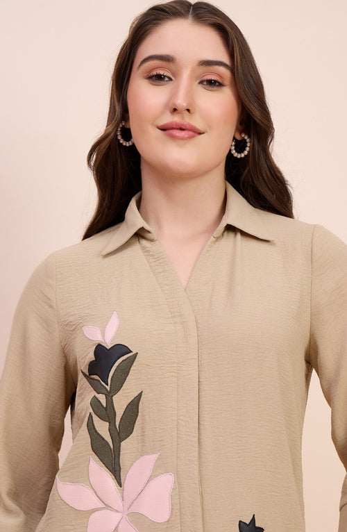 Beige Shirt with Floral Rexin Applique