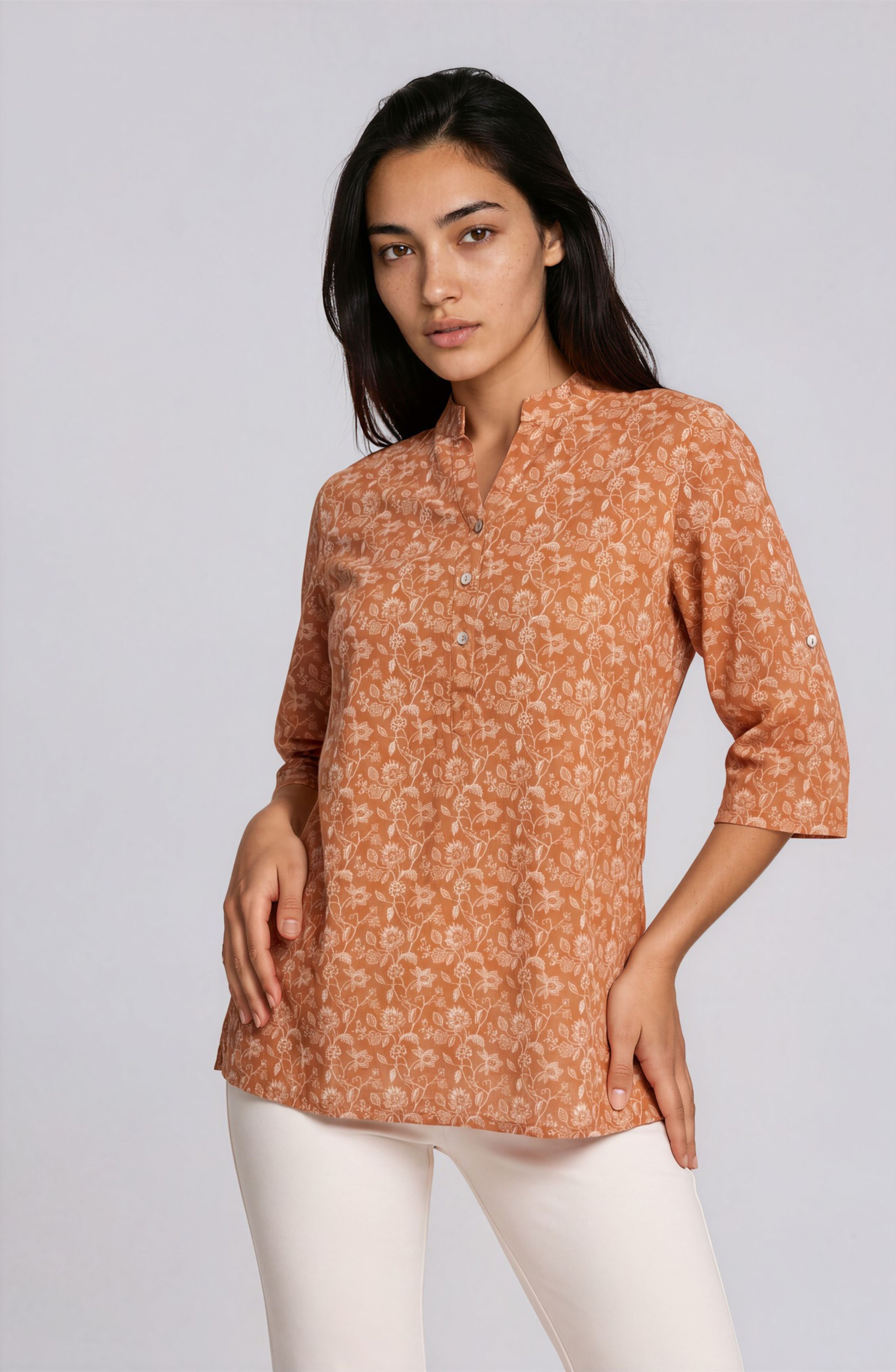Orange Floral Print Tunic Top