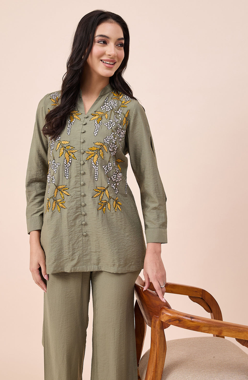 Olive Leaf Embroidered Co-ord Set