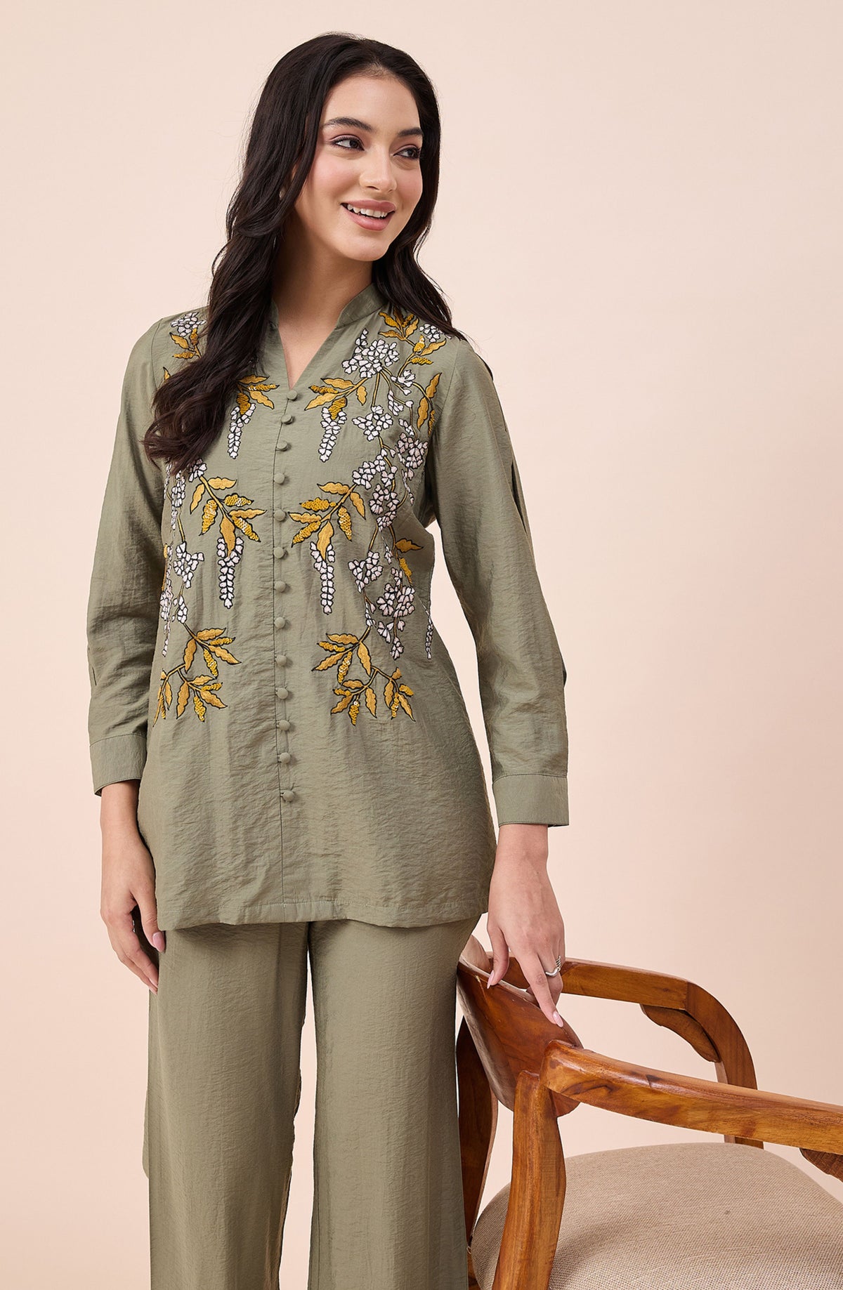 Olive Leaf Embroidered Co-ord Set
