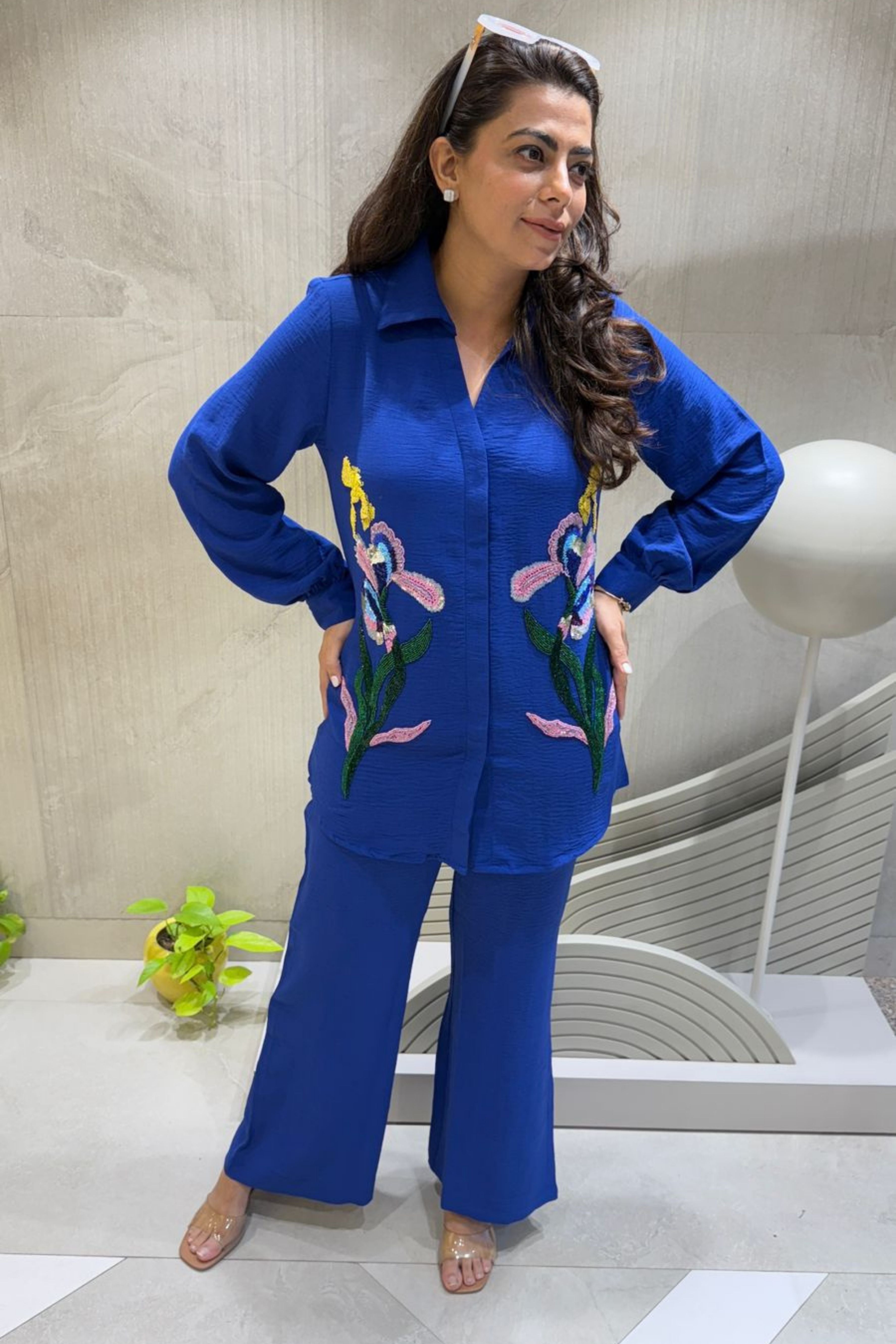 Royal Blue Embellished Floral Co-Ord Set