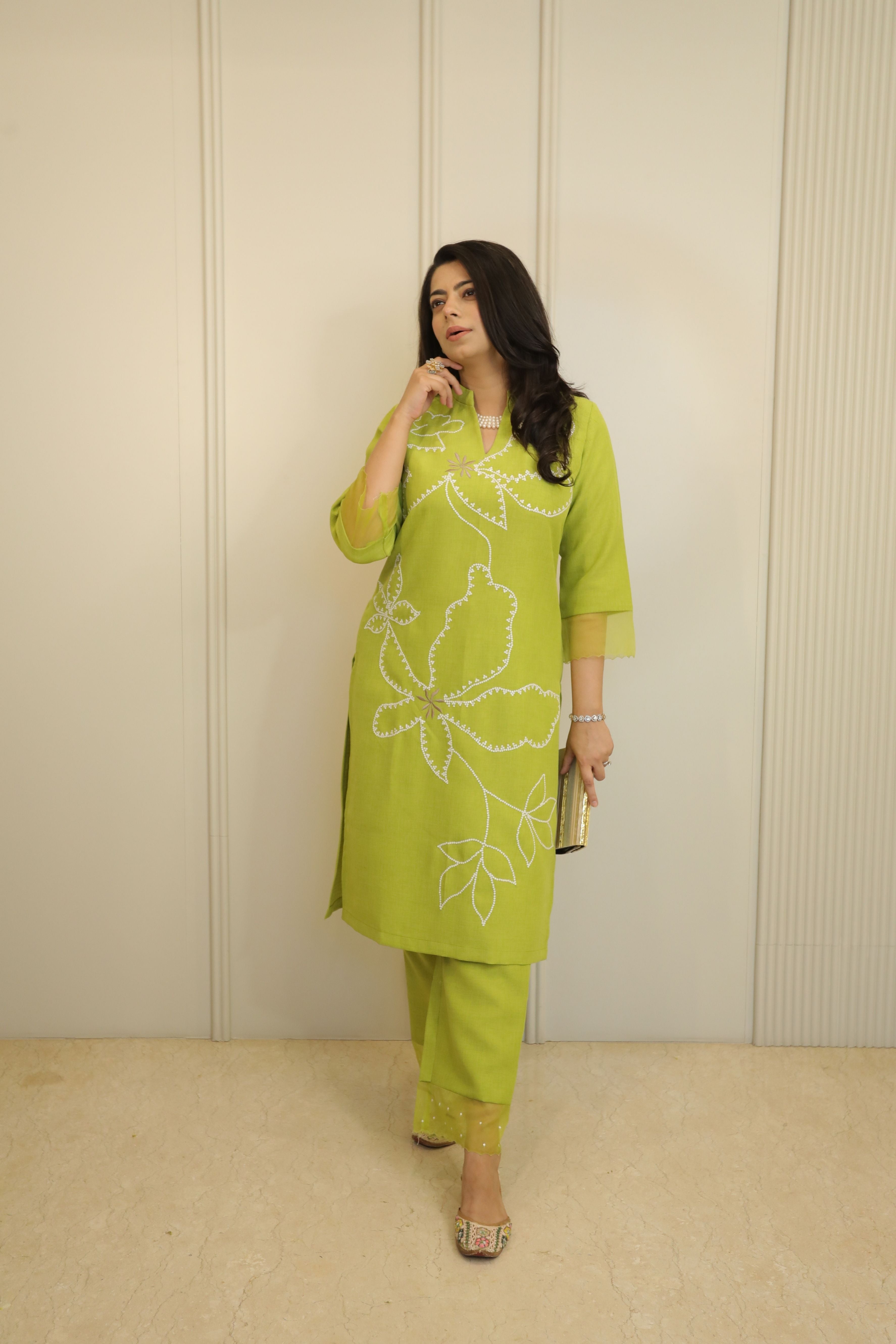 Lime Green Floral Embroidered Kurta Set