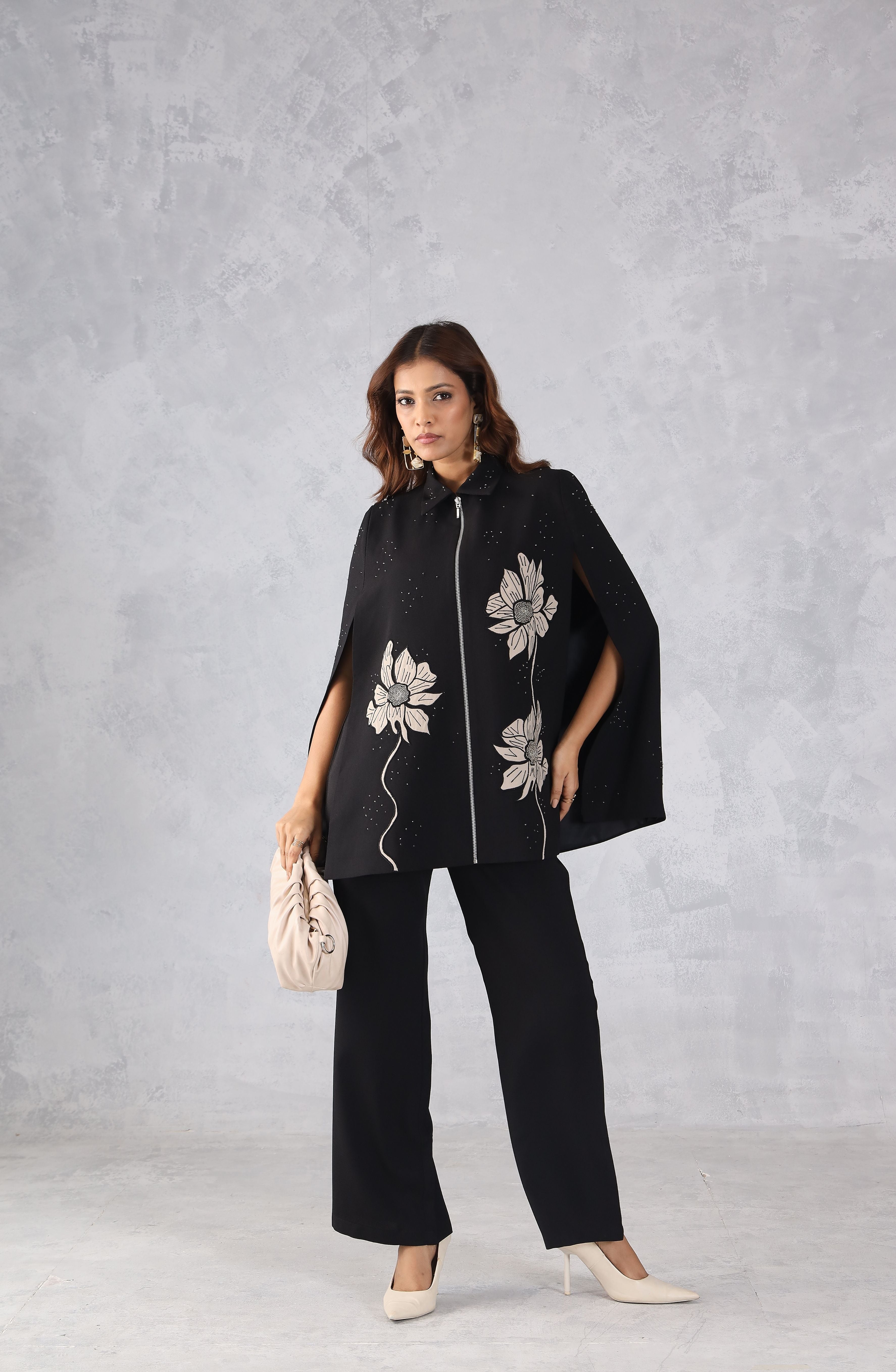 Black Embroidered Cape Style Co-Ord Set