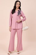 Dusty Pink Winter Co-ord Set with Navy Sequin Floral Embroidery