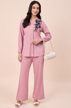 Dusty Pink Winter Co-ord Set with Navy Sequin Floral Embroidery