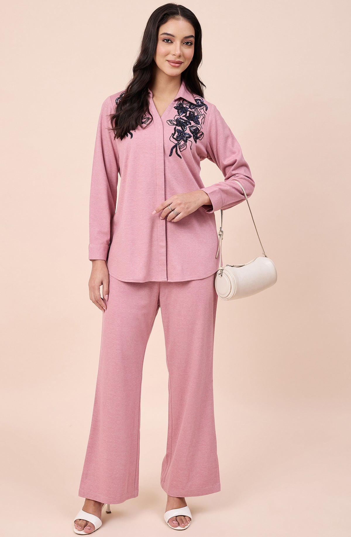 Dusty Pink Winter Co-ord Set with Navy Sequin Floral Embroidery