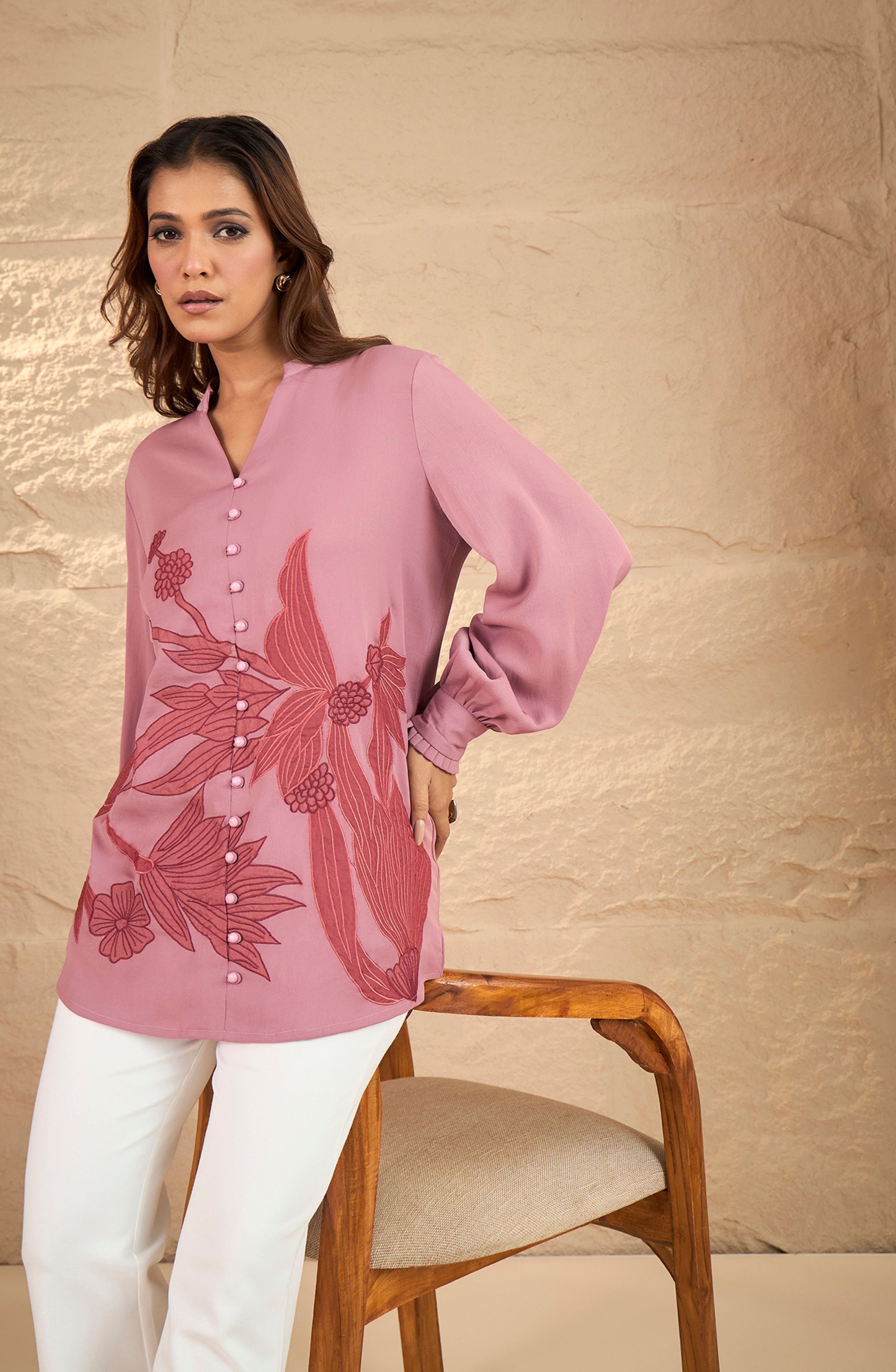 Blush Pink Floral Embroidered Shirt