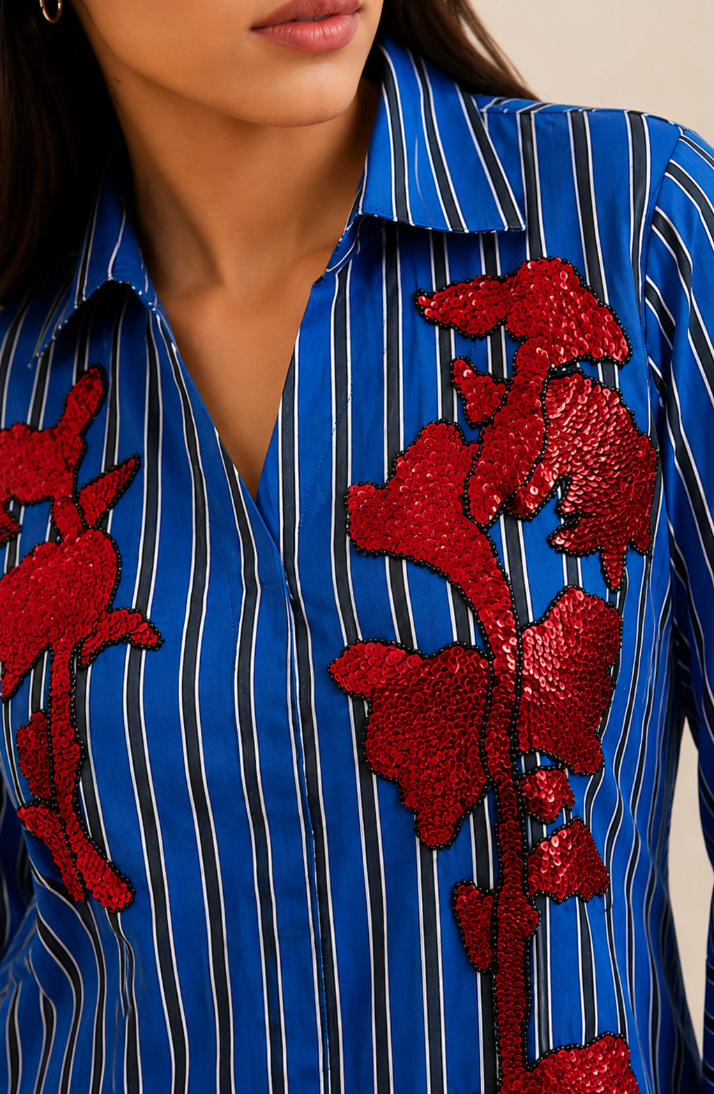 Royal Blue Red Embellished Striped Shirt