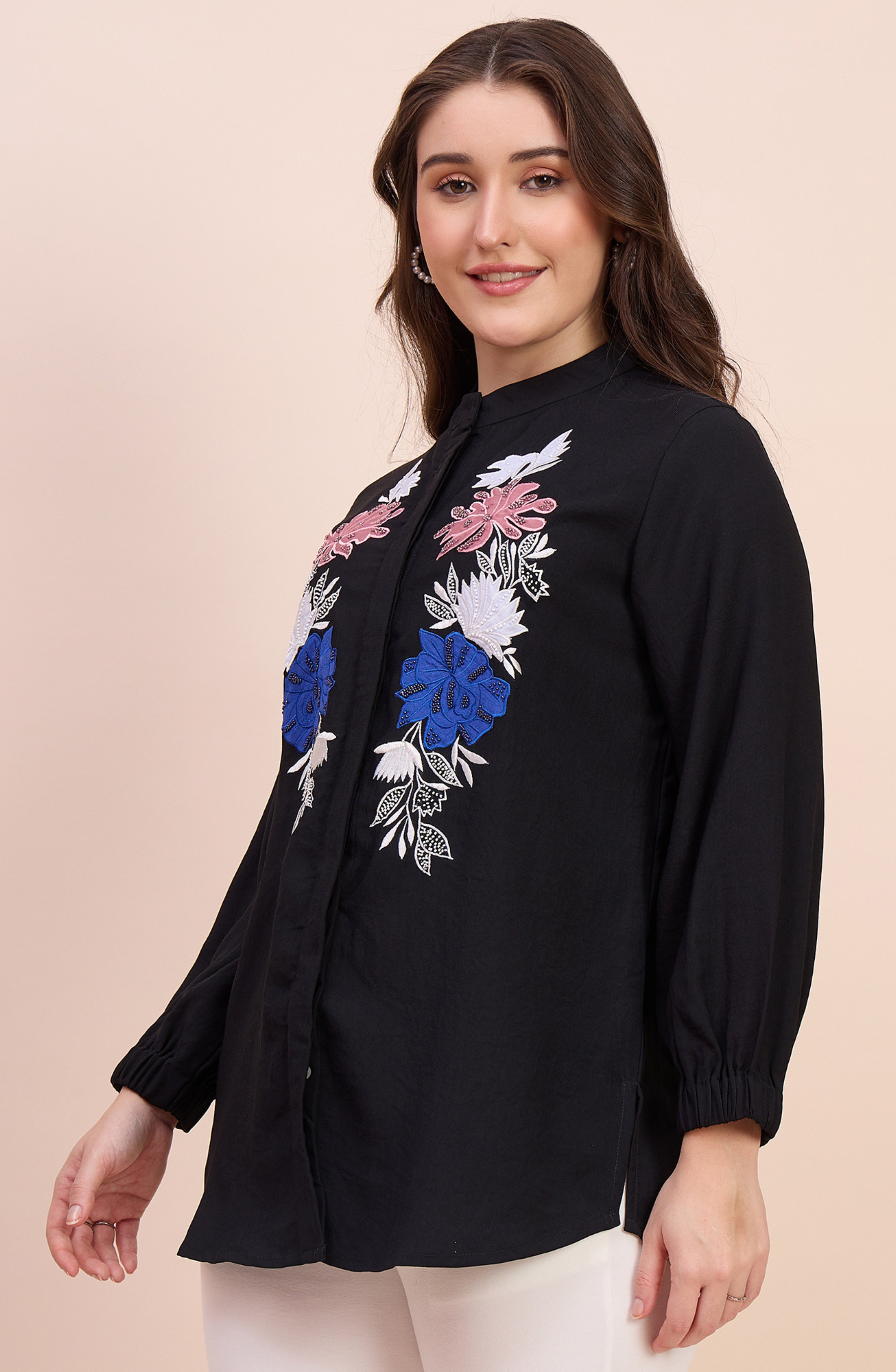 Black Shirt with Multicolour Floral Applique