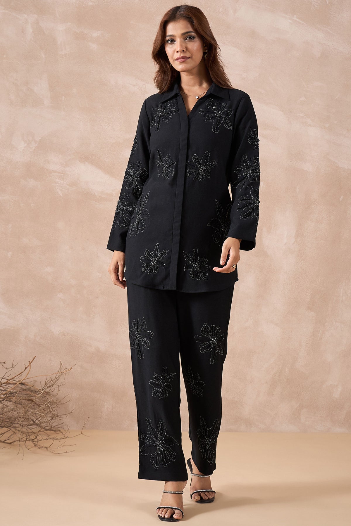 Black Floral Embellished Co-Ord Set