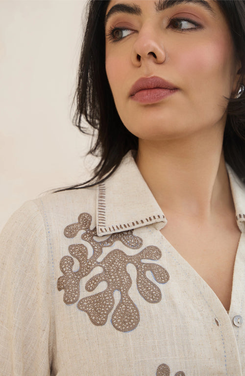 Beige Coral Embroidered Shirt