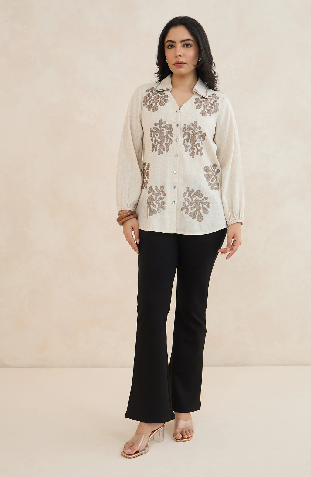 Beige Coral Embroidered Shirt