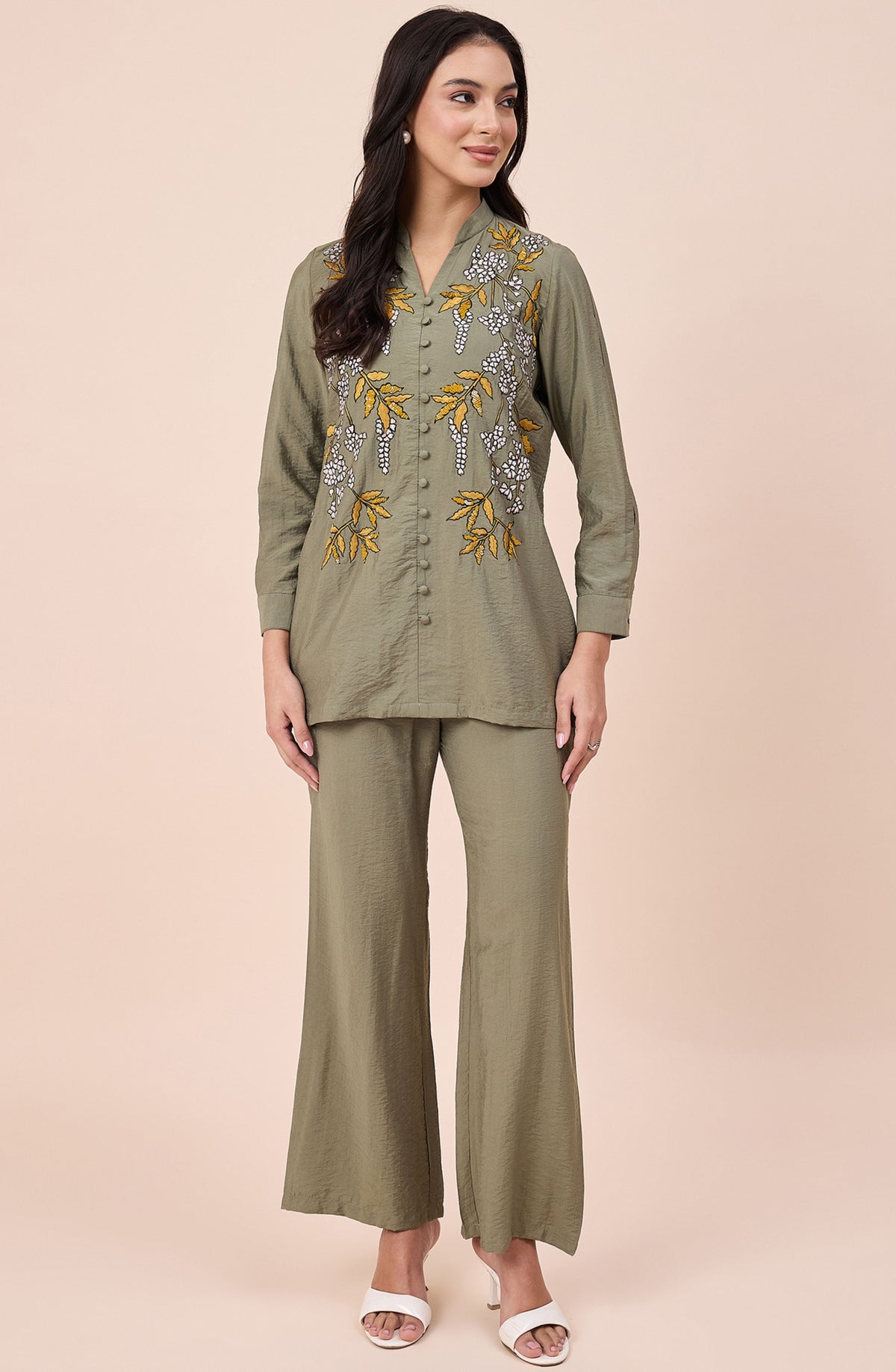 Olive Leaf Embroidered Co-ord Set