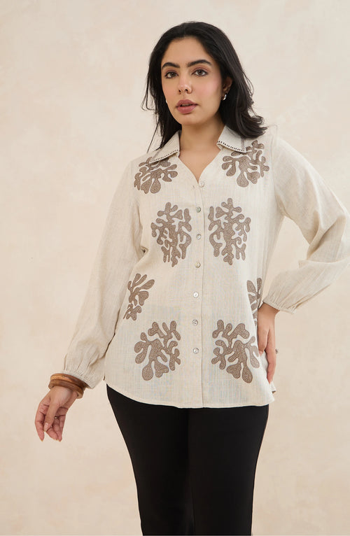 Beige Coral Embroidered Shirt