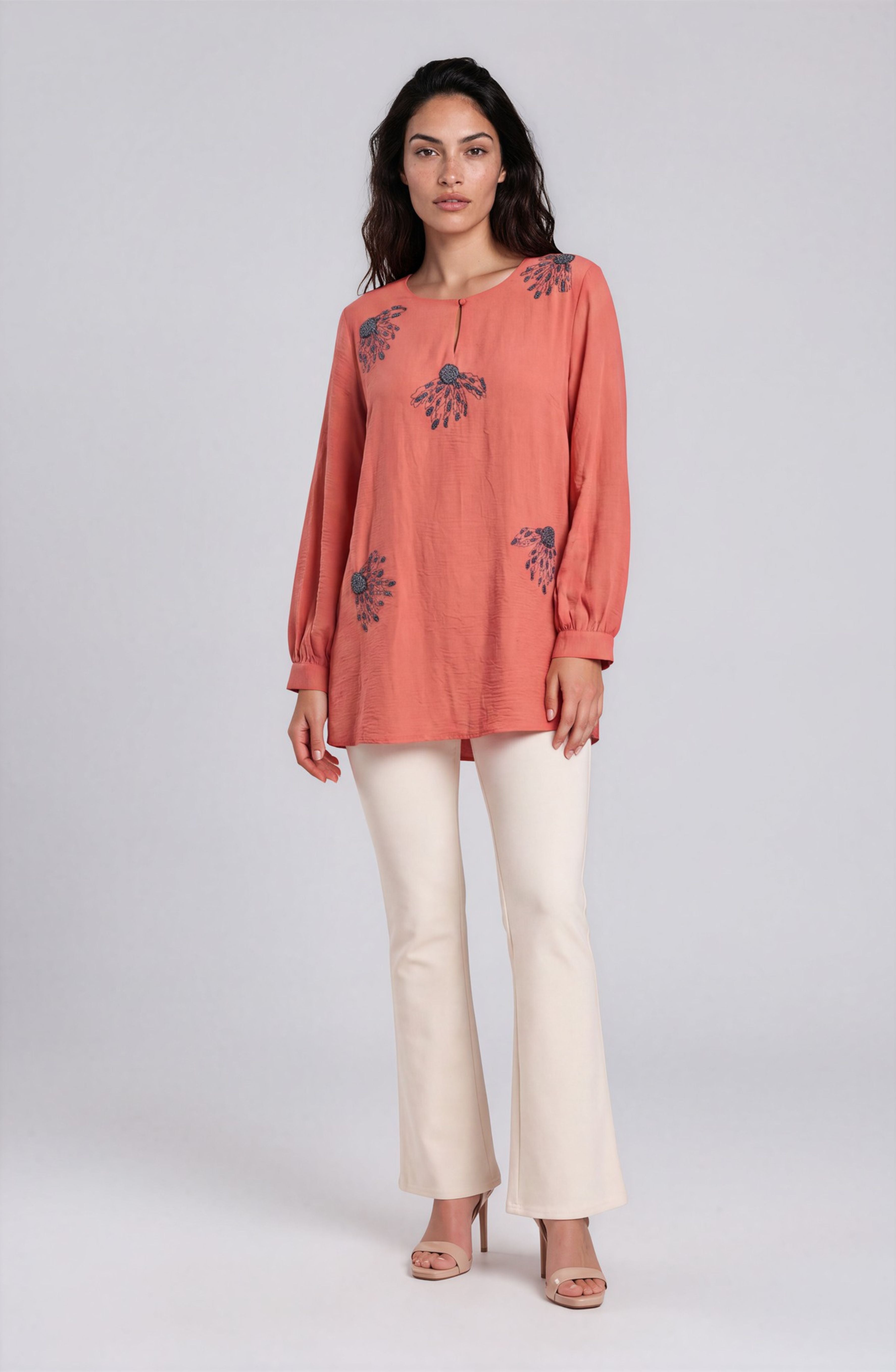 Coral Embellished Long Sleeve Top