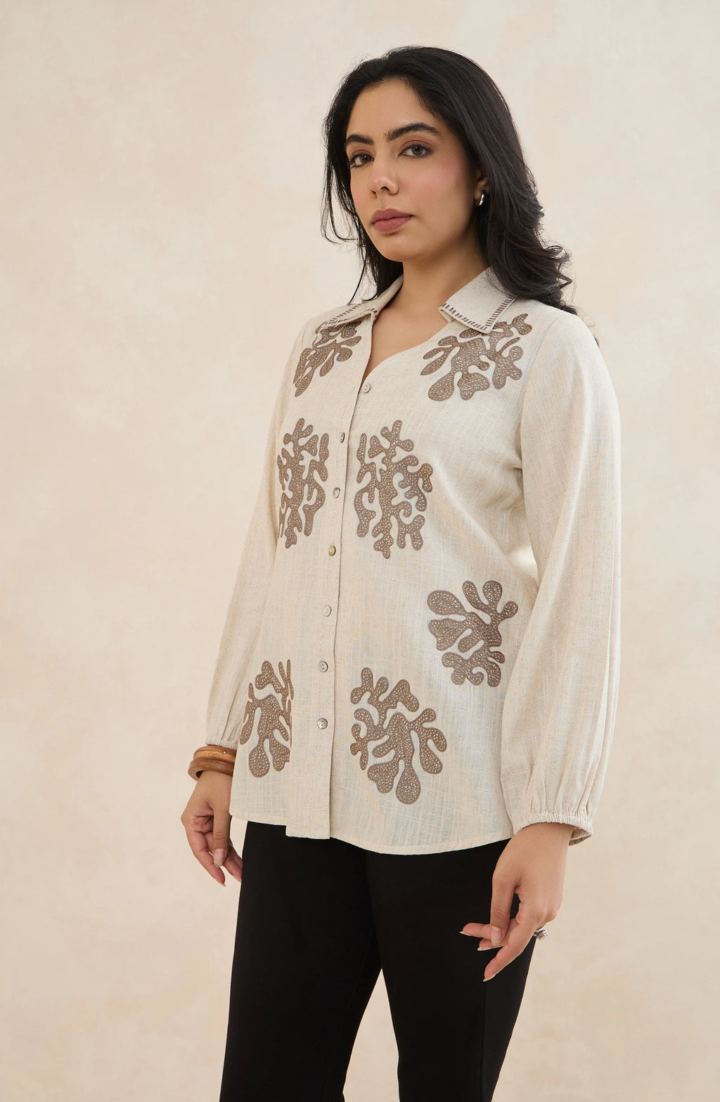 Beige Coral Embroidered Shirt