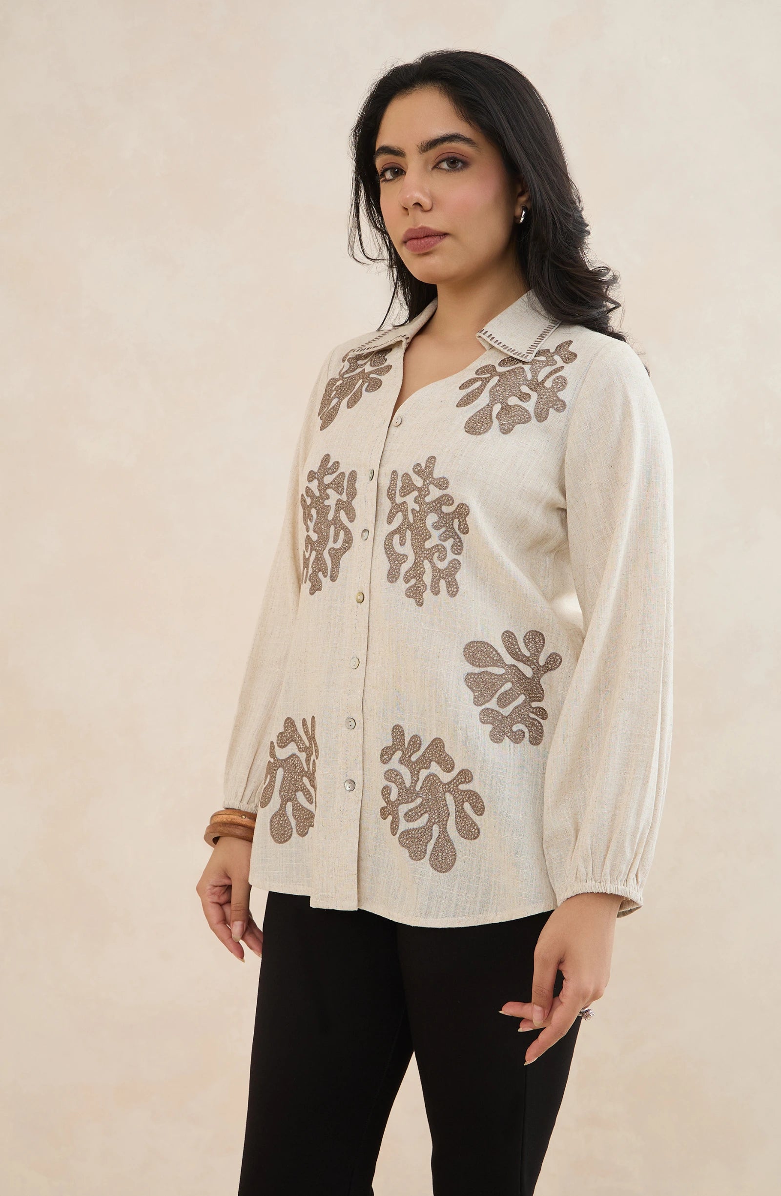 Beige Coral Embroidered Shirt