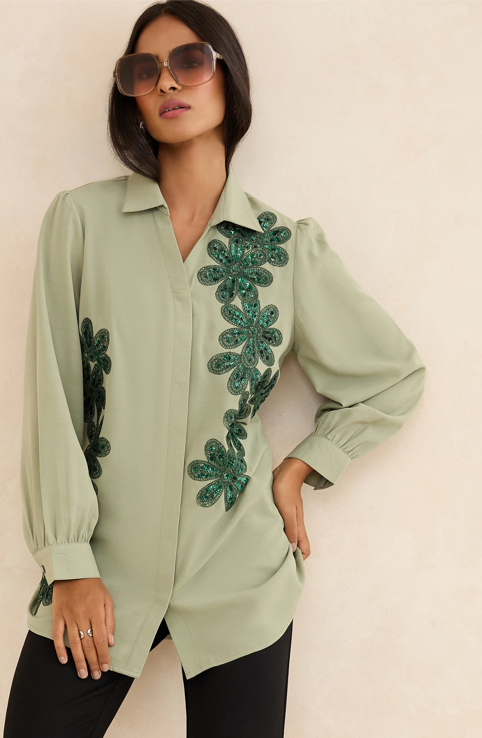 Sage Green Cascade Embellished Shirt
