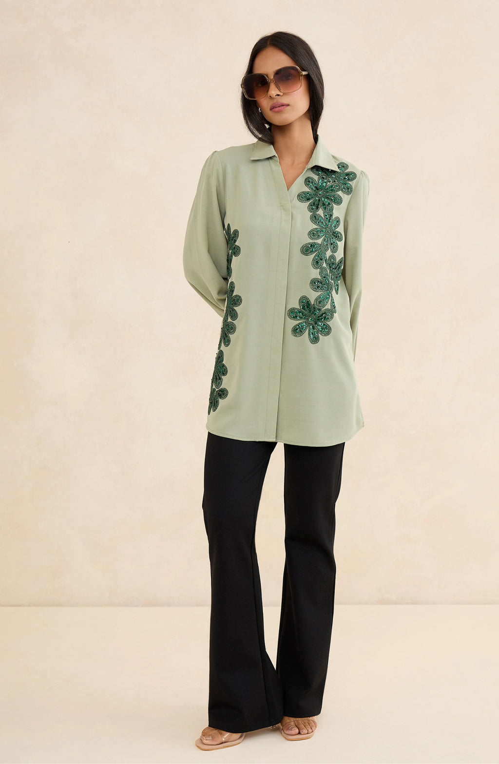 Sage Green Cascade Embellished Shirt