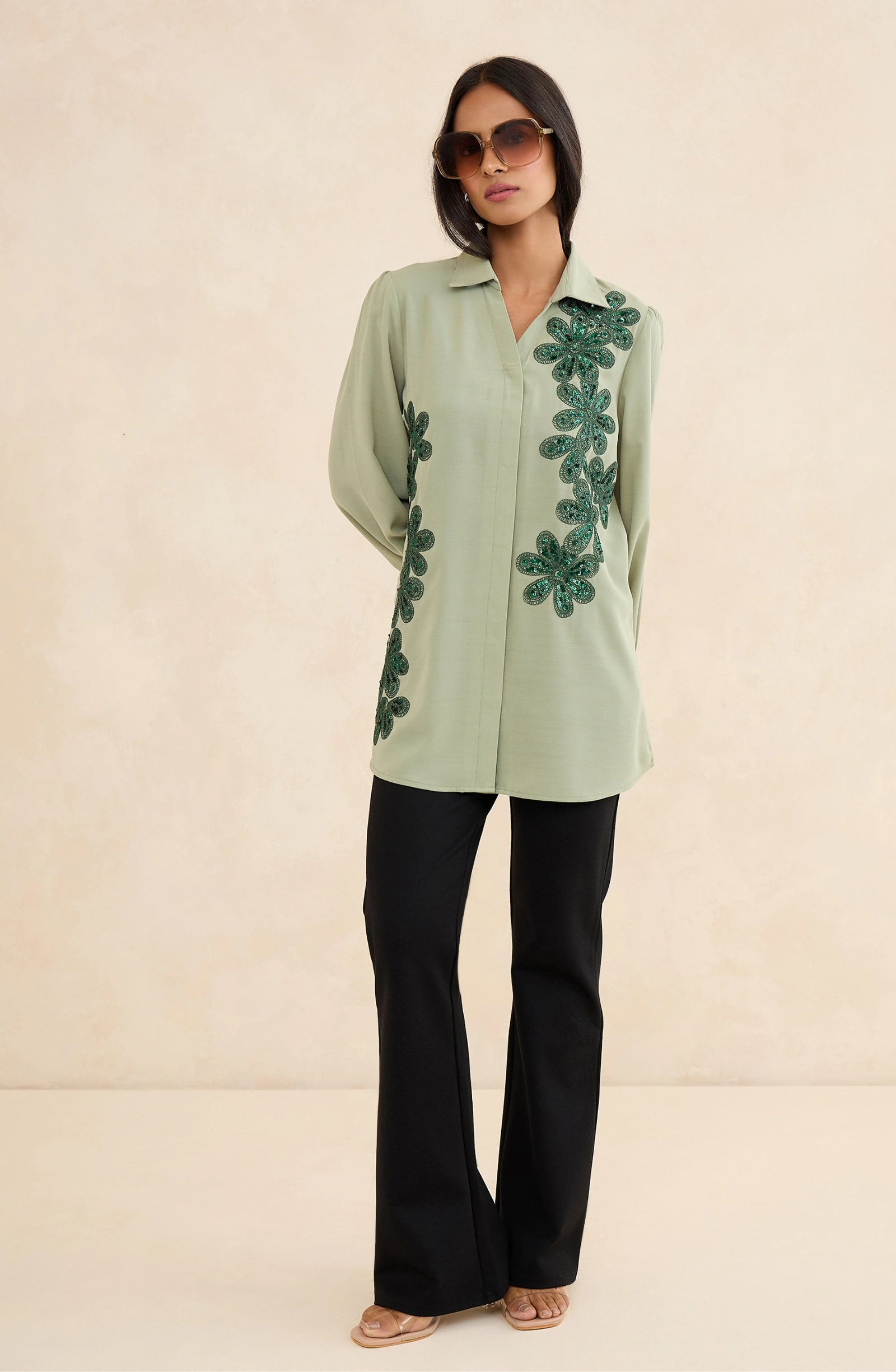Sage Green Cascade Embellished Shirt