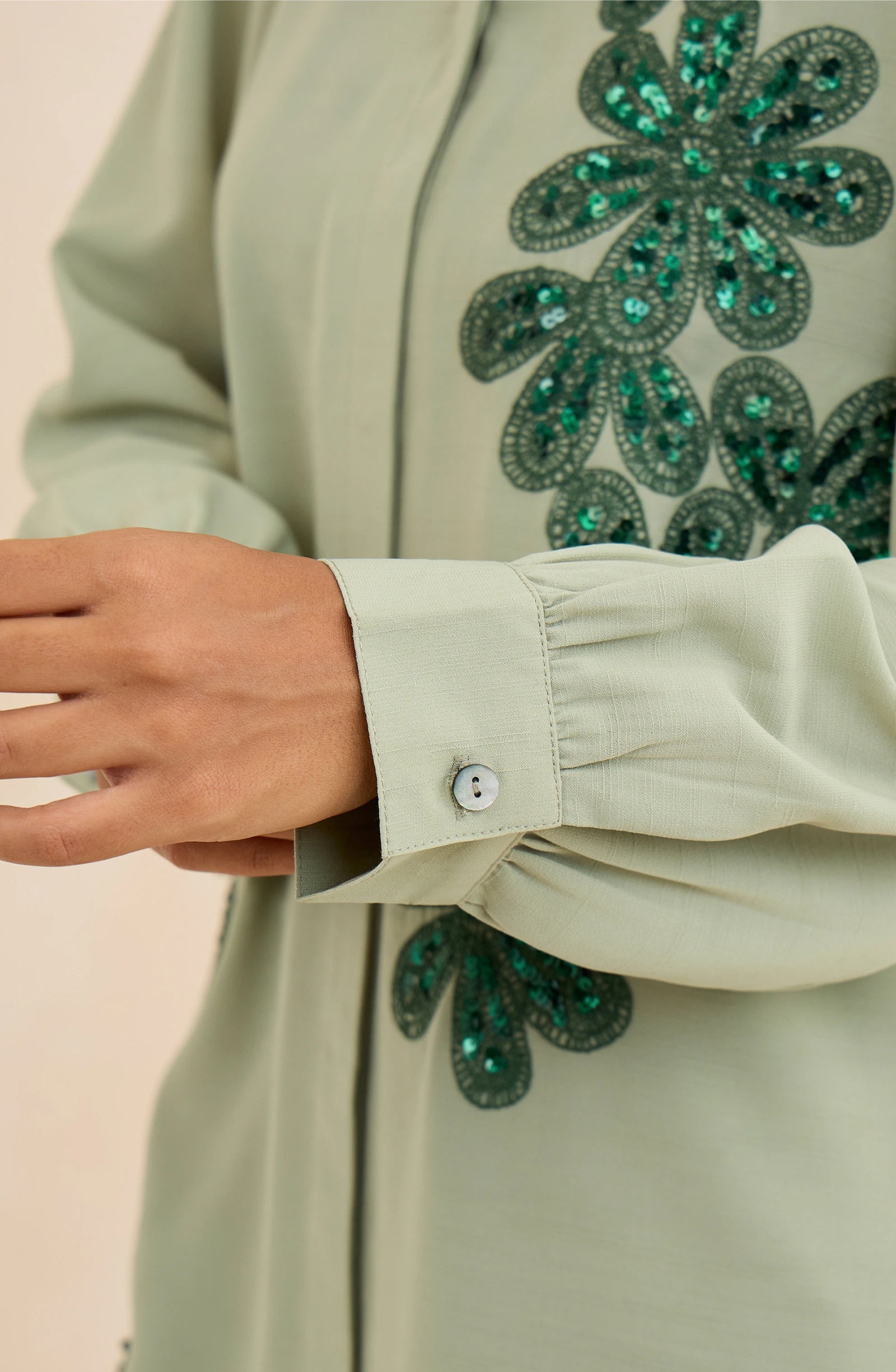 Sage Green Cascade Embellished Shirt