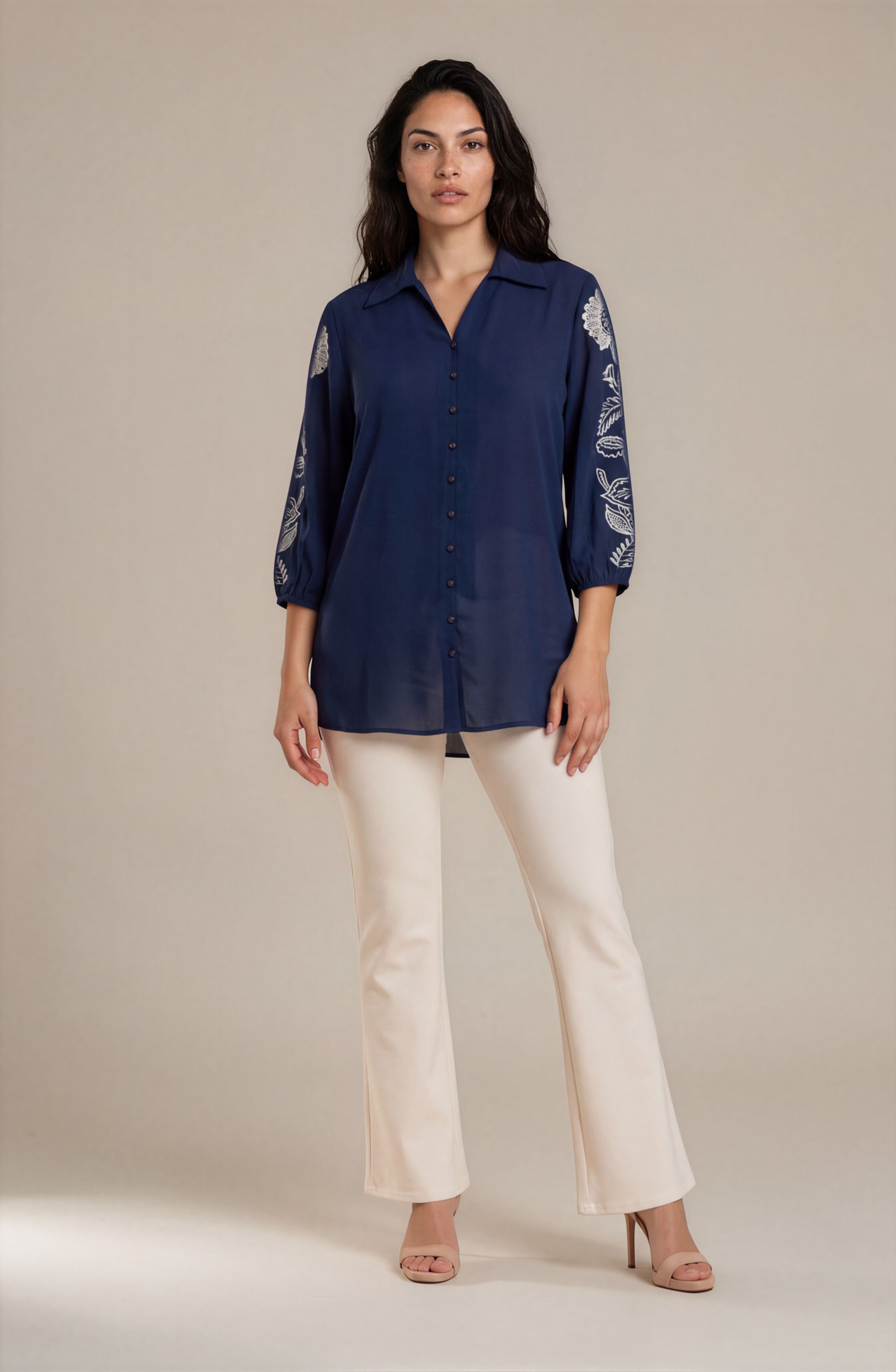 Navy Blue Embroidered Sleeve Shirt