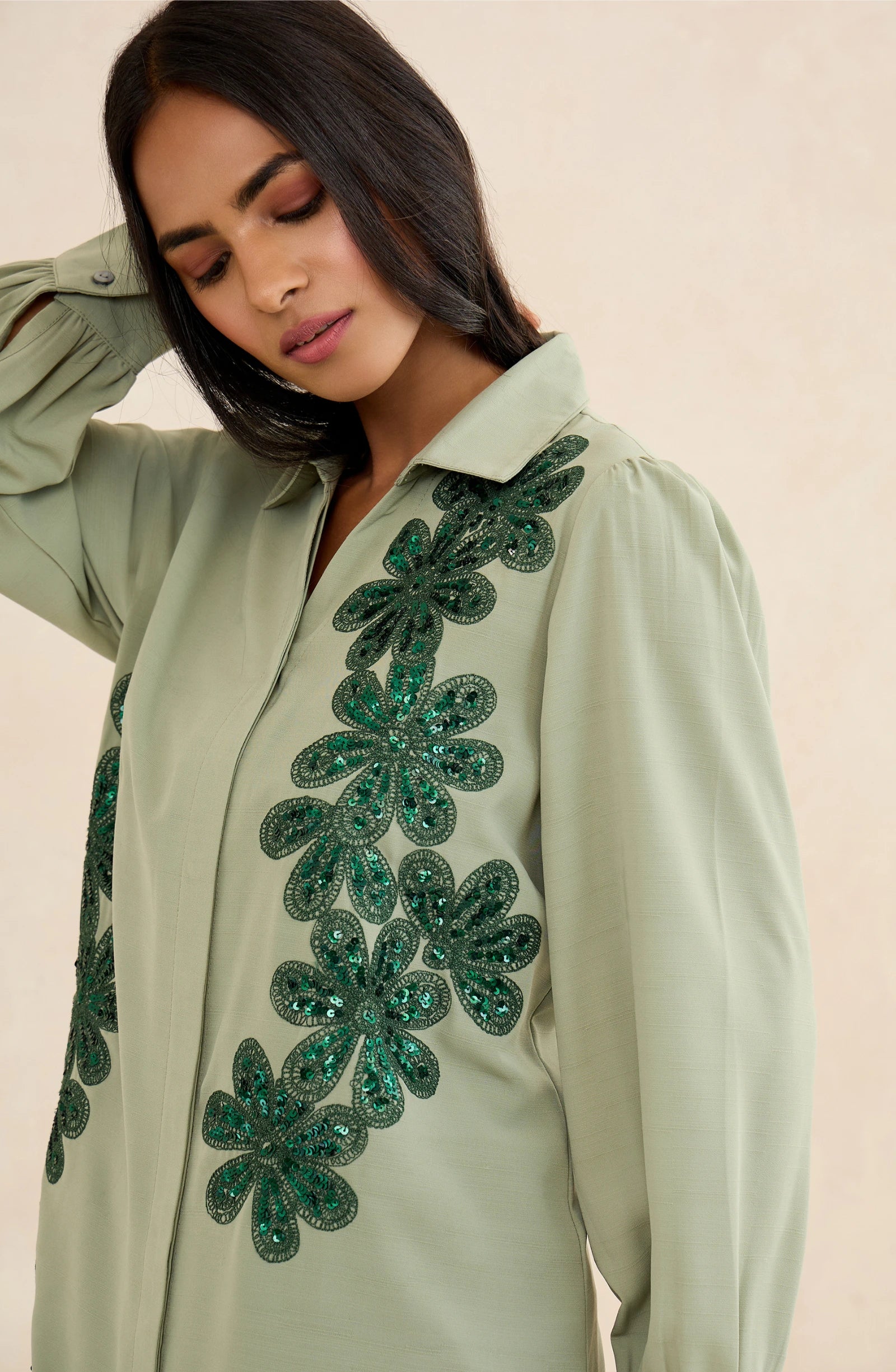 Sage Green Cascade Embellished Shirt
