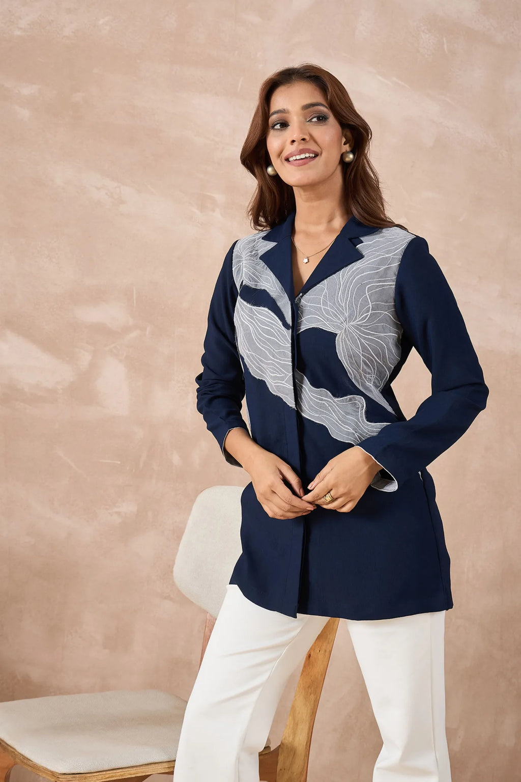 Navy Blue Abstract Embroidered Shirt