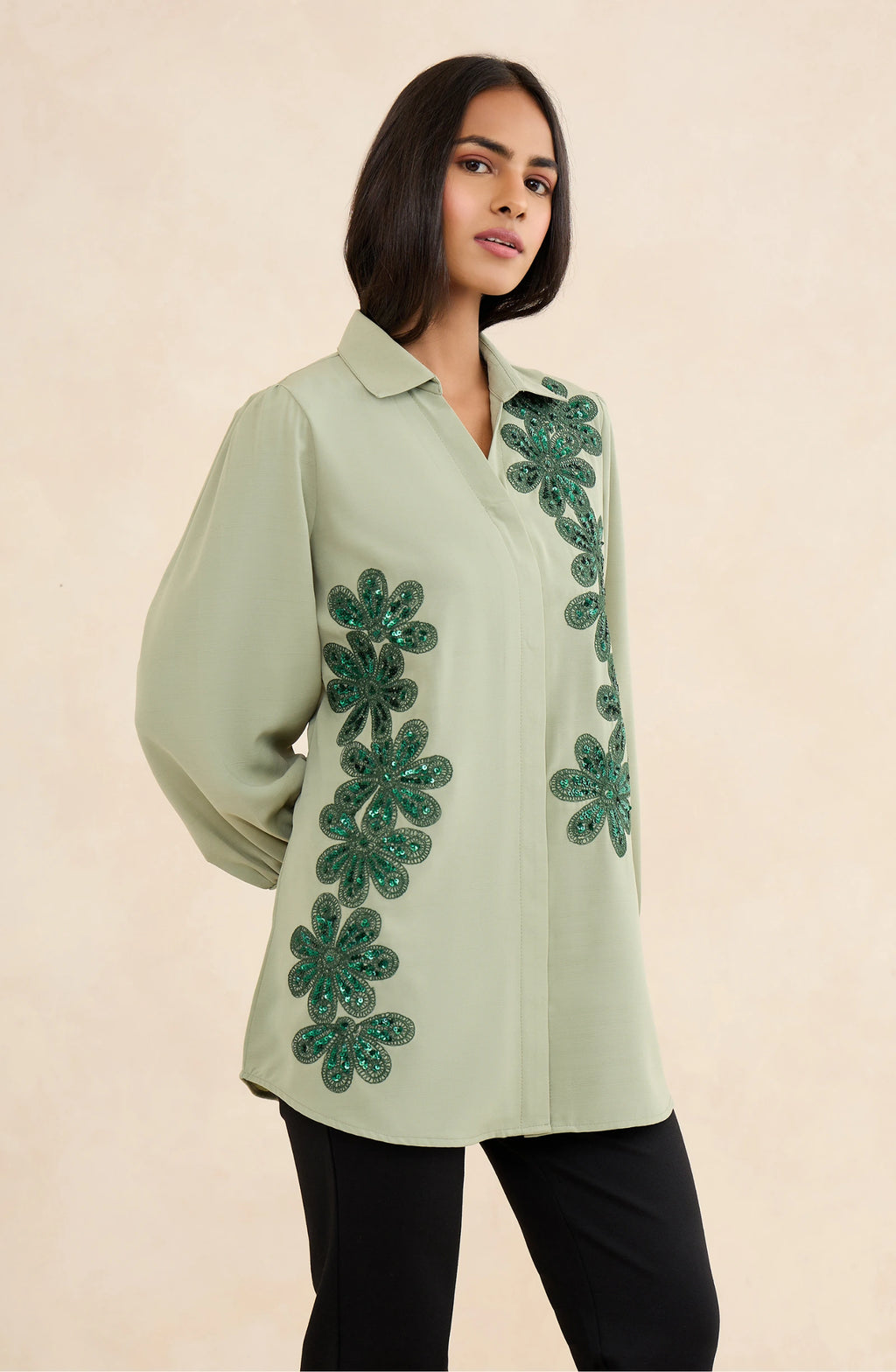 Sage Green Cascade Embellished Shirt
